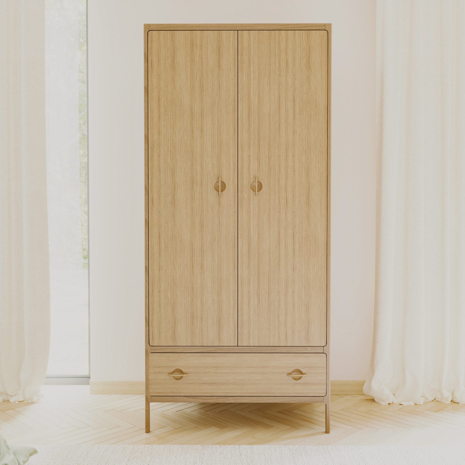 Woodek Design Kleiderschrank Elin 2 Türen, aus massiver Eiche, weiß geölt (Metalllaufleisten für die Schublade, 1-St., sanft gerundeten Kanten) Retro-Touch