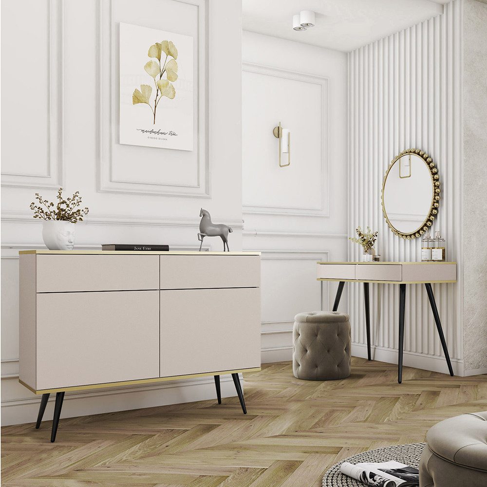 Lomadox Wohnzimmer-Set OLOVO-160, (Mega-Spar-Set, 2-St., Schminktisch), Beige, Metallbeine schwarz, Push-to-open, goldene Highlights
