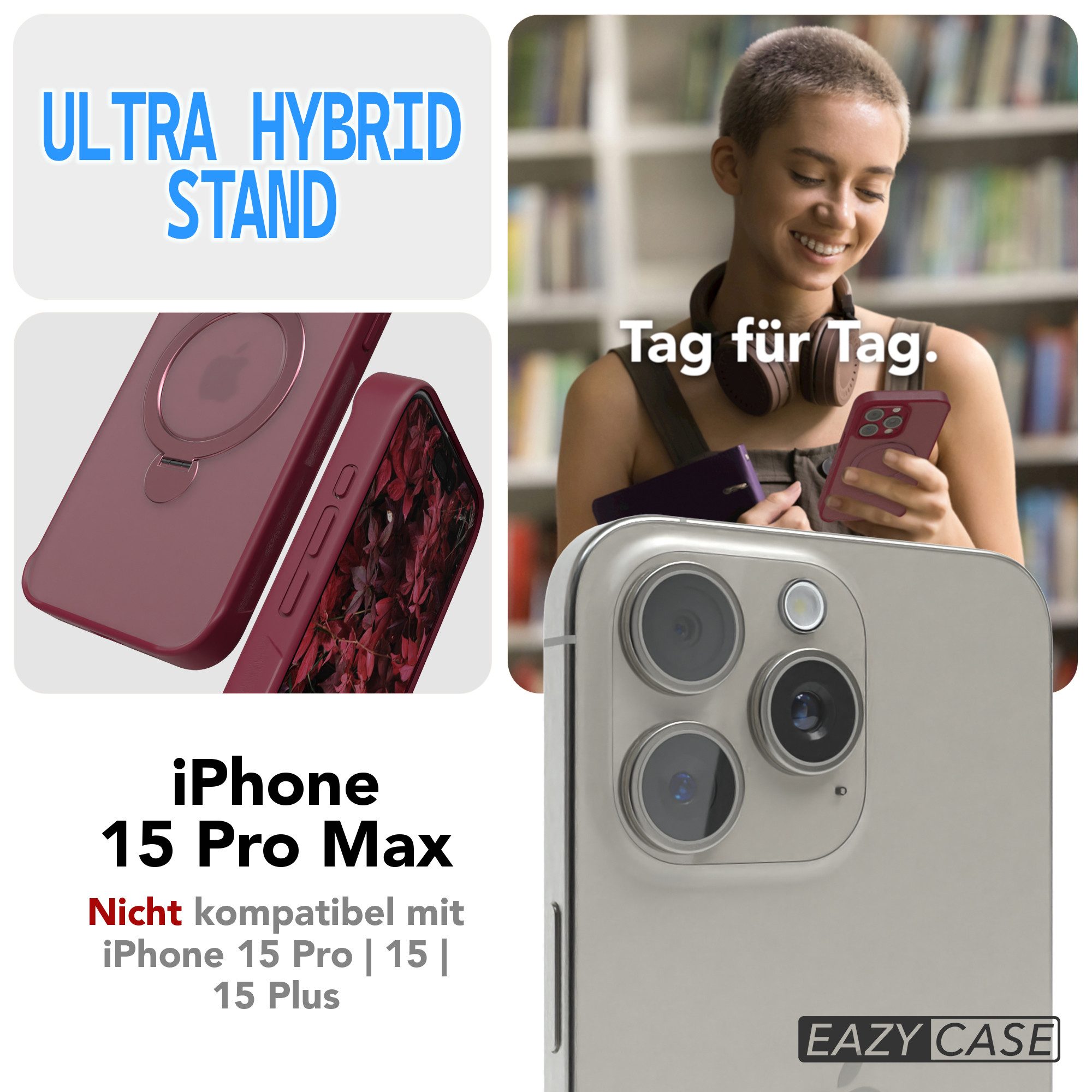 EAZY CASE Handyhülle Outdoor iPhone 15 Pro Max Case MagSafe Ring 6,7 Zoll, Backcover Tasche Case Schutzhülle Kameraschutz Bumper Dunkelrot