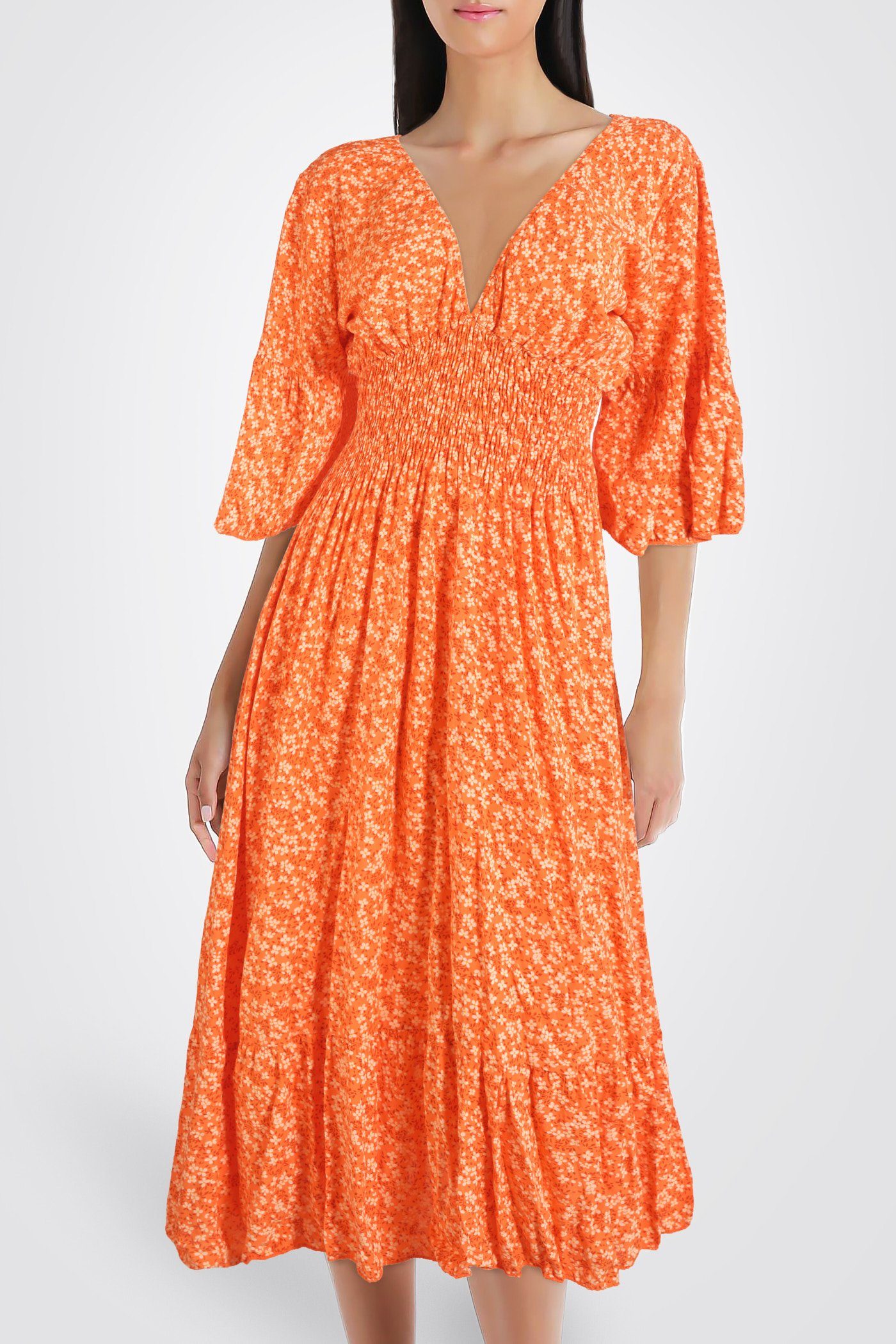 V-Ausschnitt gesmokt orange-ecru PEKIVESSA Midikleid Sommerkleid Blümchenmuster (1-tlg) tiefer