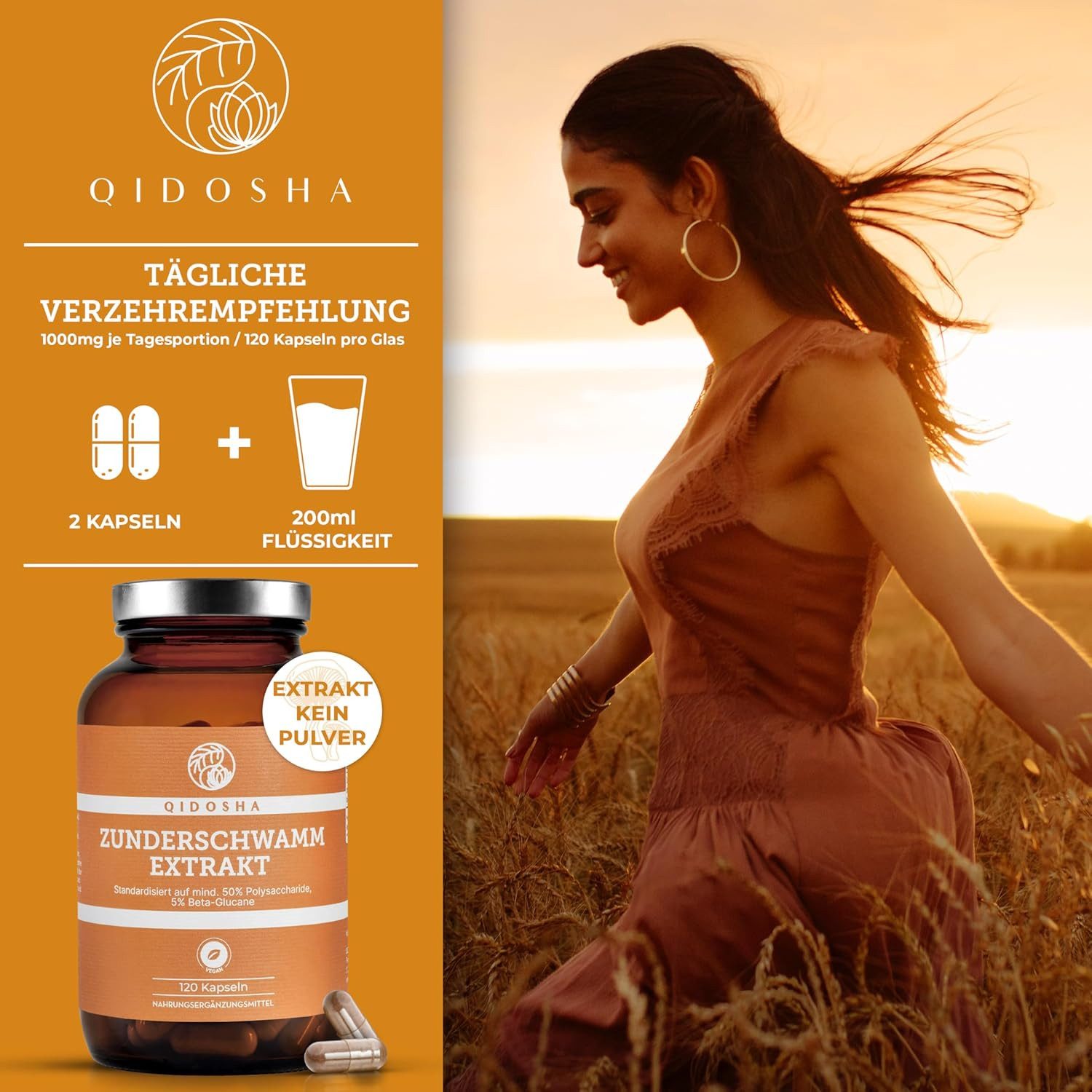 QIDOSHA Zunderschwamm Extrakt Kapseln, 120 Stk im Apothekerglas, hochreiner Fomes fomentarius Extrakt mit 500mg je Kapsel, davon 50% Pilz-Polysaccharide mit mindestens 5% Beta-Glucanen, dt Fertigung à 120 St., 71.4 g
