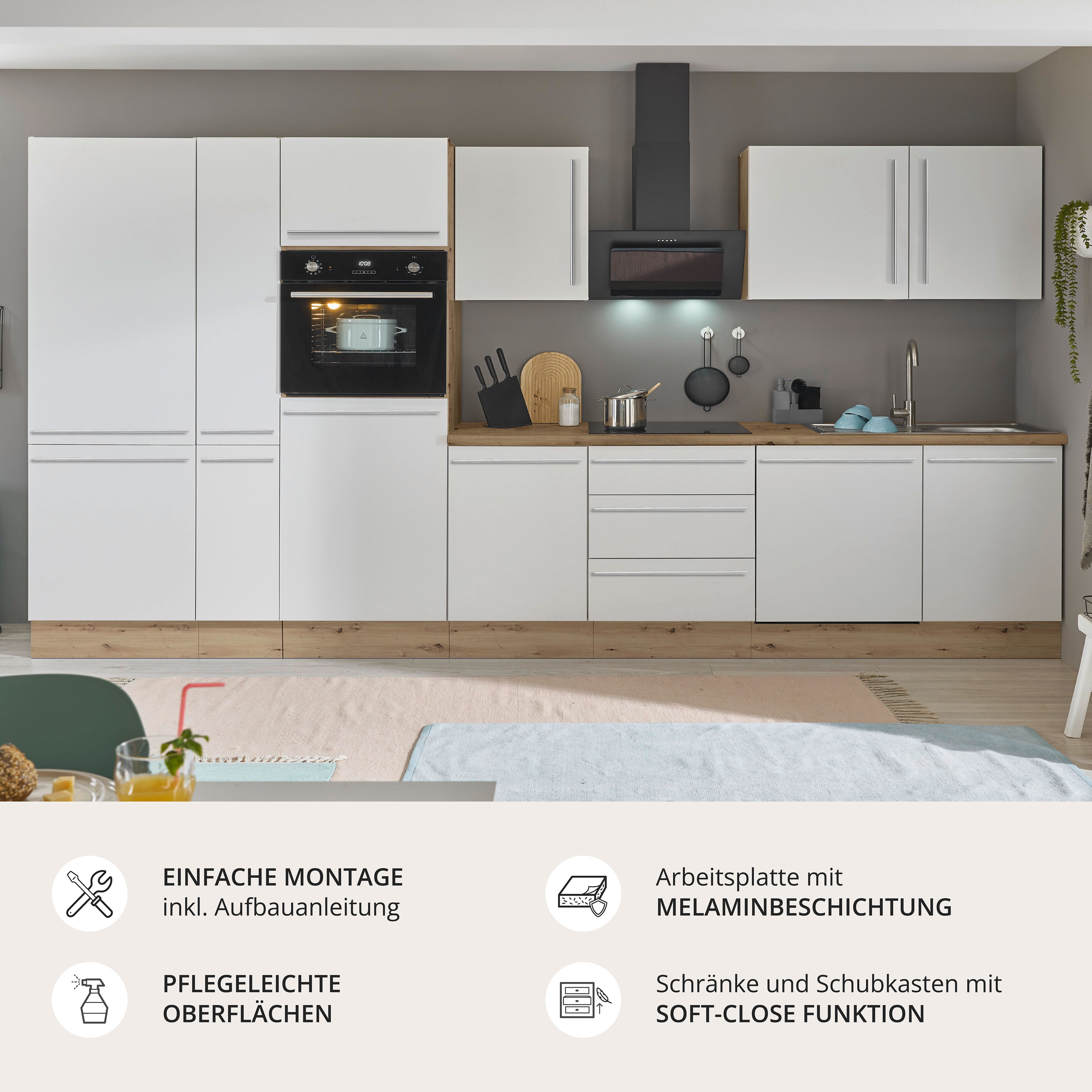 KOCHSTATION Küchenzeile Florida, Breite 370 cm, wahlweise mit E-Geräten,Softclose für Türen/Schubkästen