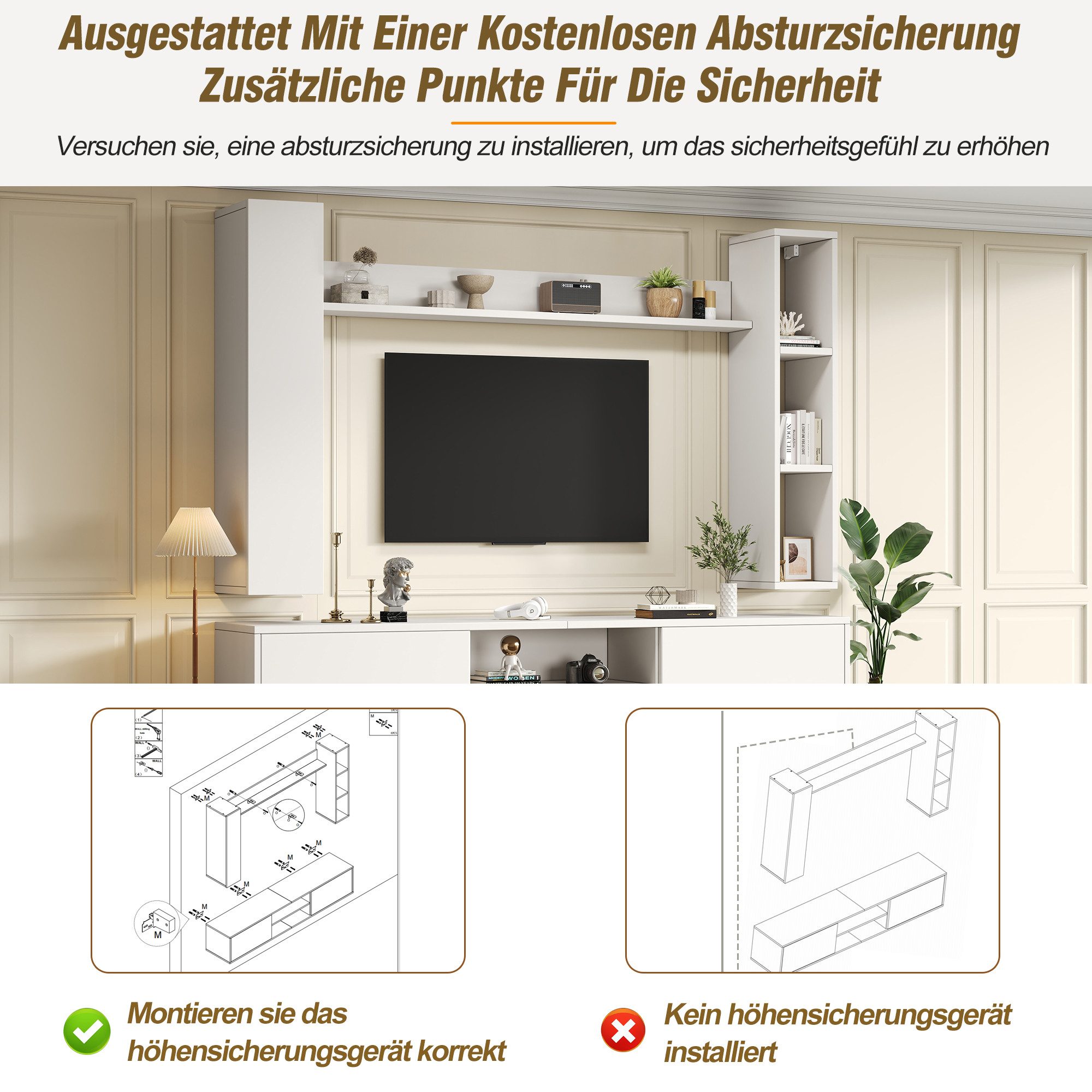 Merax Wohnwand mit Vitrine und TV-Schrank, (4-St), 2 Wandschränke & Wandregal, flexibles Design, stehend & hängend – Bild 5 von 5