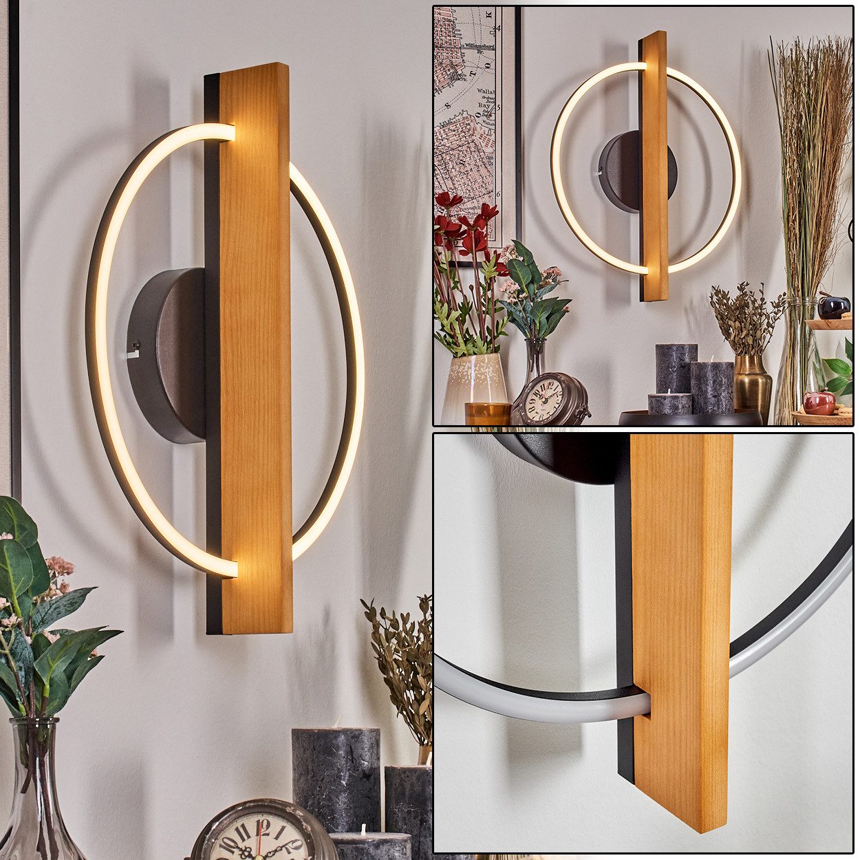 hofstein Wandleuchte Wandlampe aus Holz/Metall/Kunststoff in Natur/Schwarz/Weiß, Wandleuchte im Retro/Vintage-Design mit Holzbalken