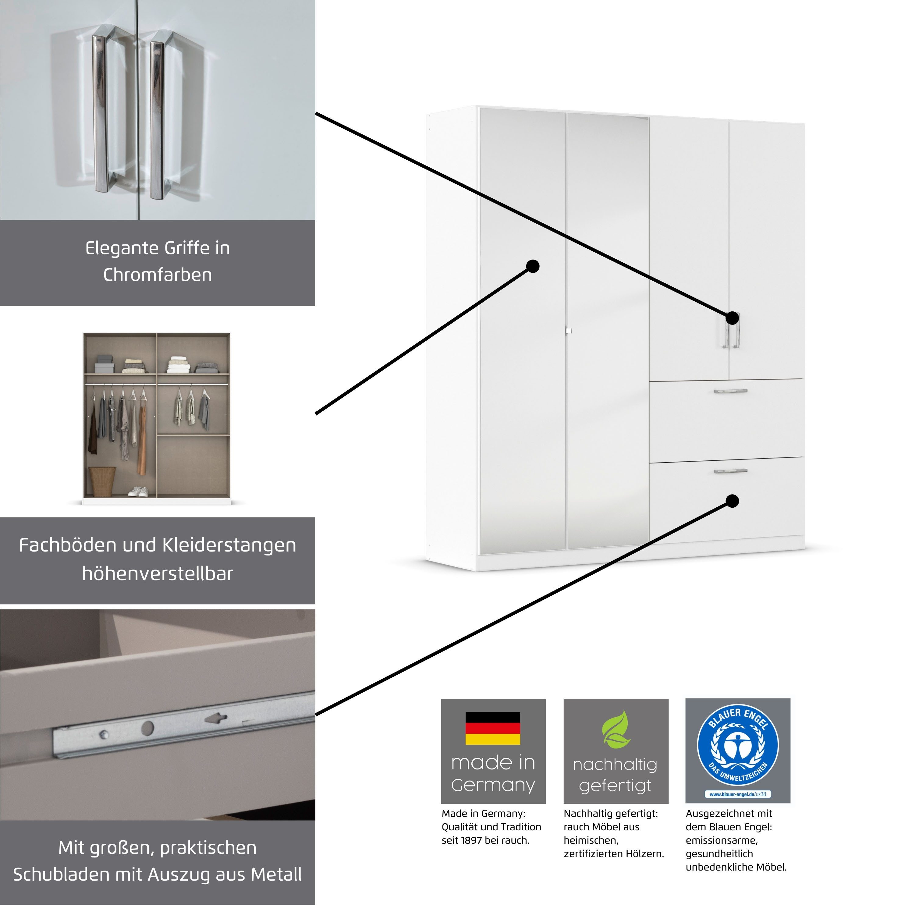 rauch Drehtürenschrank Kleiderschrank Schrank Garderobe Schlafzimmerschrank PADUA voll aufgelegte Spiegeltüren, zwei große Schubladen MADE IN GERMANY