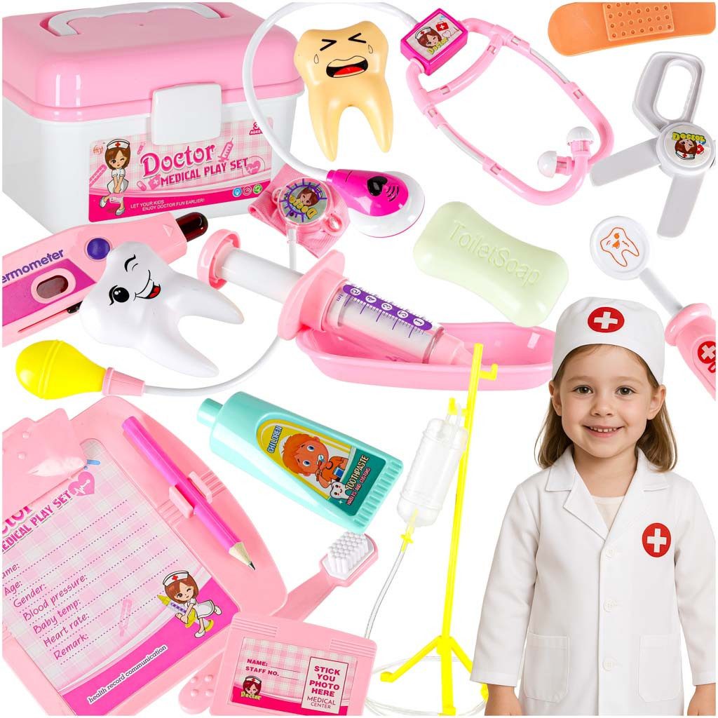 Ikonka Spielzeug-Arztkoffer Kinderarztkoffer 35 teilig Arztkoffer Set mit Licht Sound Kostüm, (Arztkoffer Kinder 35 teilig Rollenspiel Set Licht Sound Kostüm, Kinderarztkoffer 35 teilig mit Kostüm Licht Sound Zubehör Set), 35 teilig Licht Sound Kostüm Rol
