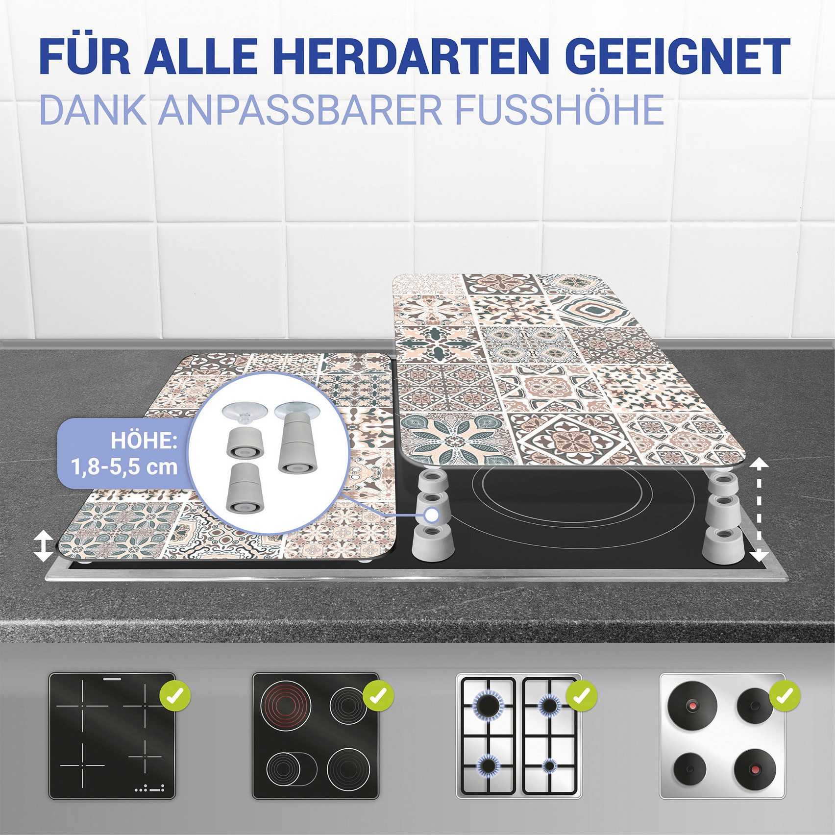 WENKO Herd-Abdeckplatte Universal Modell Kachel, Glas, Kunststoff, (2 tlg), Herdabdeckung für alle Herdarten, kratzfest, mit rutschfesten Füßen