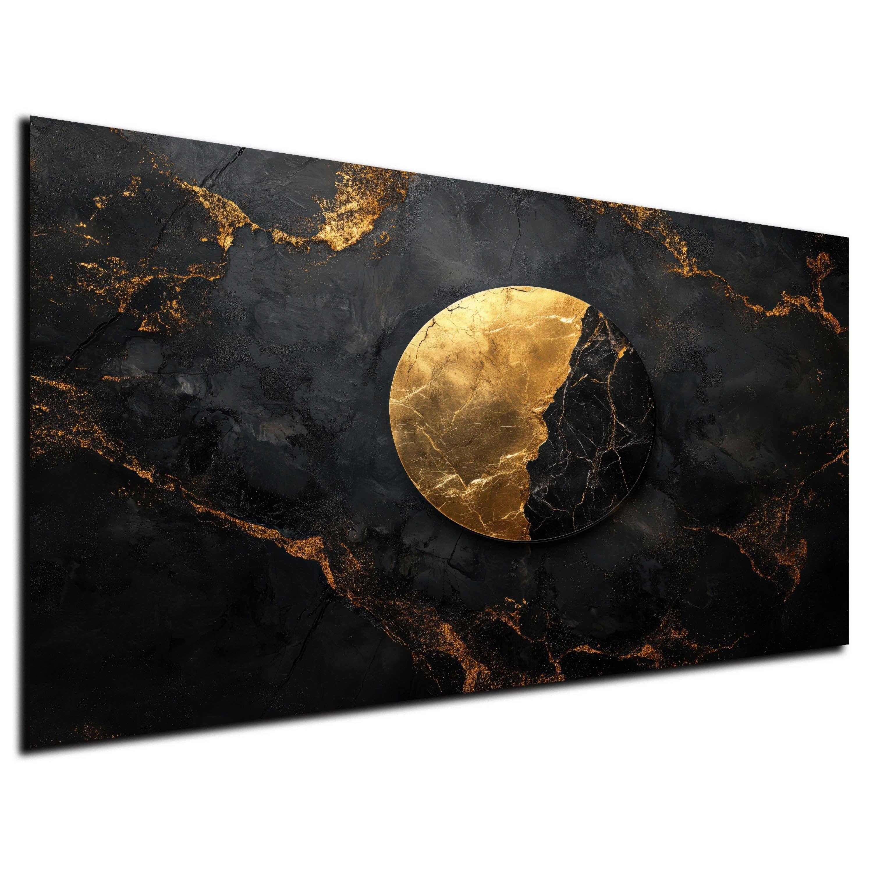 DARO Design Leinwandbild Modern Abstrakt Wandbilder XXL Wandbild Wand Deko Leinwand Bilder, (Kugel Schwarz Gold - Bild Groß Wohnzimmer Schlafzimmer Küche Esszimmer Einteilig Querformat Fotodruck Leinwände Wanddeko Abstrakte Kunst Boho), 84x56cm