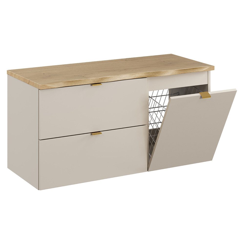 Lomadox Waschbeckenschrank DURANGO-56 100 cm breit in Kaschmir und Eiche mit Baumkantenoptik & Wäschekorb