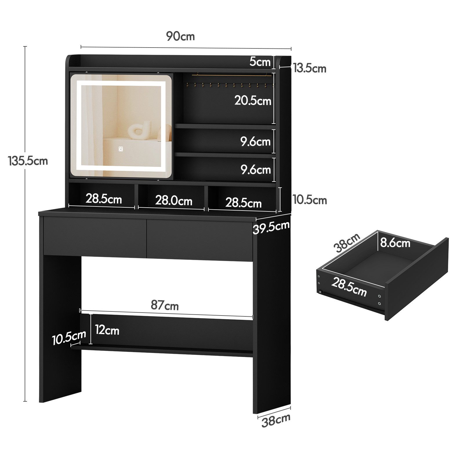 ALFORDSON Schminktisch mit 2 Schubladen und Schmuckhalter, LED-Spiegel stuf günstig online kaufen