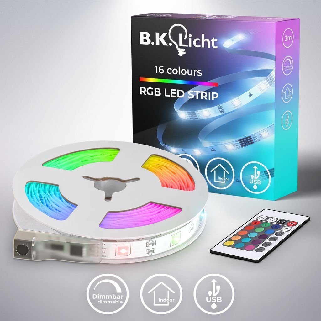 RGB LED-Streifen mit Fernbedienung kürzbar bunt Lichtleiste dimmbar weiß - Strip LED selbstklebend USB 3m Band LEDs Farbwechsel BKL1562, 90 3,6W B.K.Licht