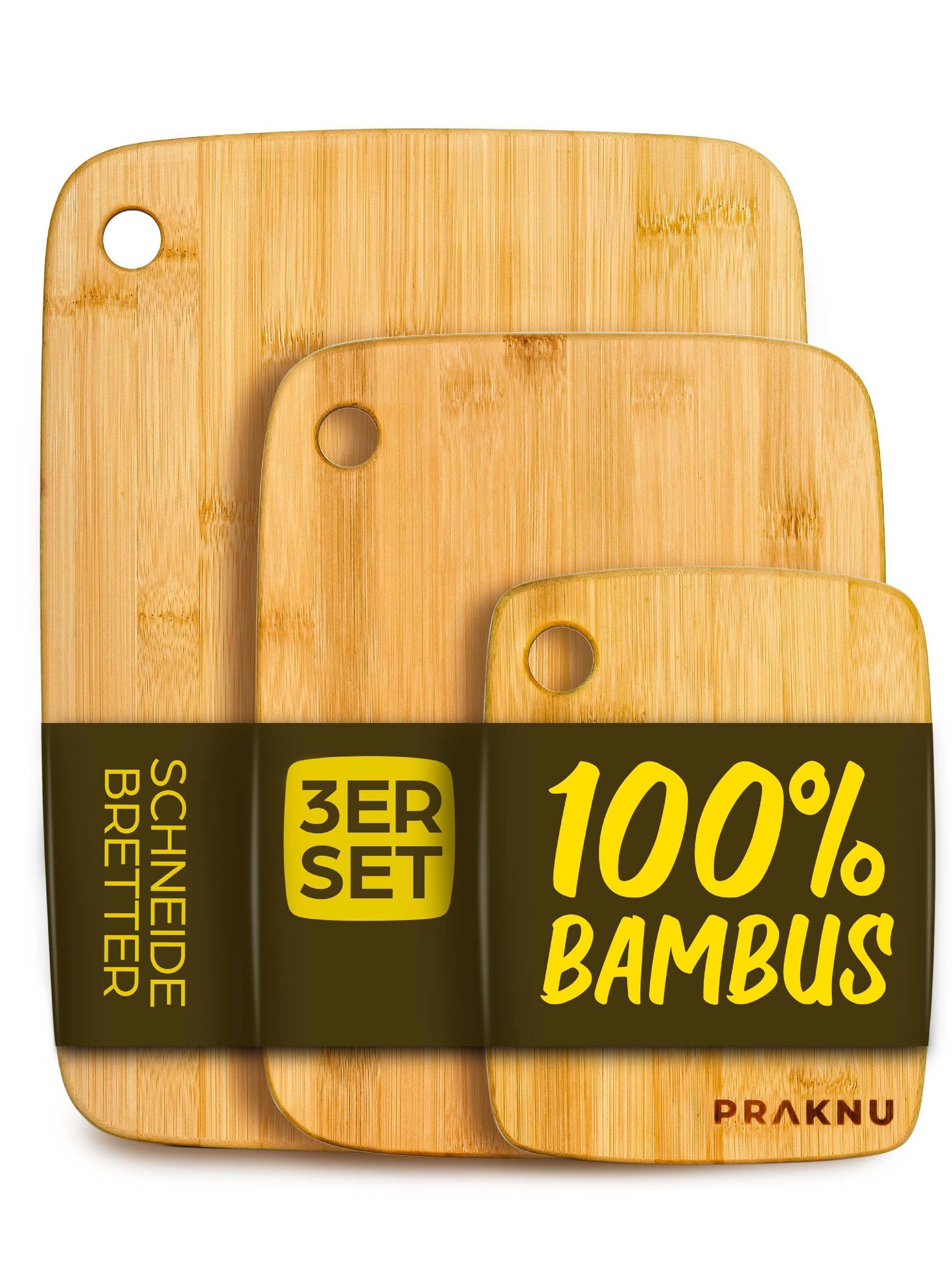 Praknu Schneidebrett »Schneidebrett 3er Set aus Holz«, Bambus, (3er-Set,  3-St., 3 Schneidebretter: klein 20 x 15 x 1 cm, mittel 30 x 23 x 1 cm, groß  38 x 29 x 1