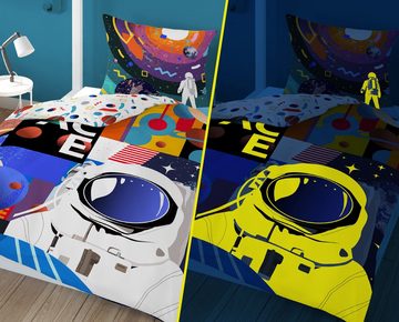 Kinderbettwäsche Leuchtende Bettwäsche 135x200 cm Kinderbettwäsche Baumwolle 2er Set, Carpe Sonno, Baumwolle, 2 teilig, GLOW IN THE DARK Astronauten Bettwäsche Jungen