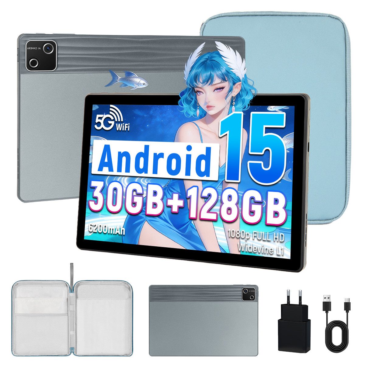 BUFO 10’’ Android 15, Octa Core 30(6+24)GB RAM+128GB, HD 1280x800, 6200mAh Tablet (10", 128 GB, Android, 2,4G/5G WiFi, 128GB bis zu 1TB, Gesichtsentsperrung, Dual Kamera)