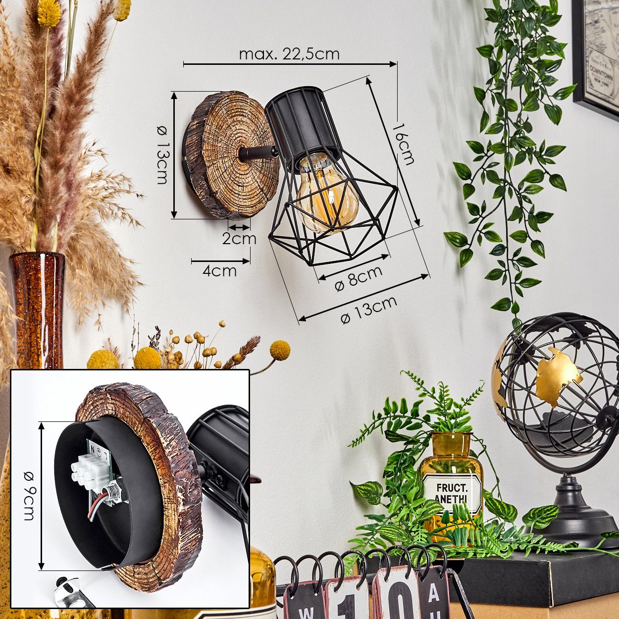 Leuchtmittel, Wandspot Schwarz/Holzoptik, »Pomari« in Metall verstellbare Wandlampe Wand mit Lichteffekt E27, aus an hofstein in Wandleuchte der Gitter-Optik ohne