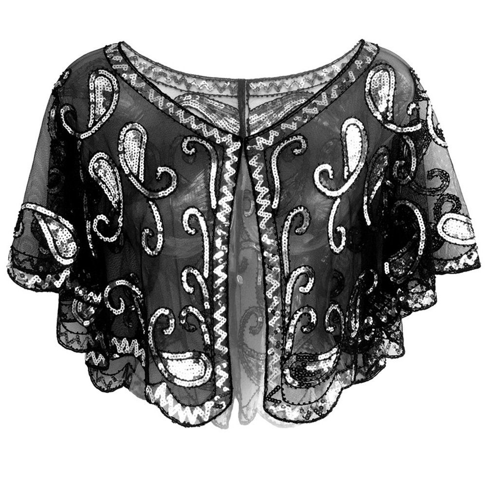 Gatsby-Party-Kostüm der Damen Schal Umschlagtücher, für Pailletten Stola (1-St), Dekorative Frauen Schwarzes-Silber 1920s Jahre Schal Gatsby 20er
