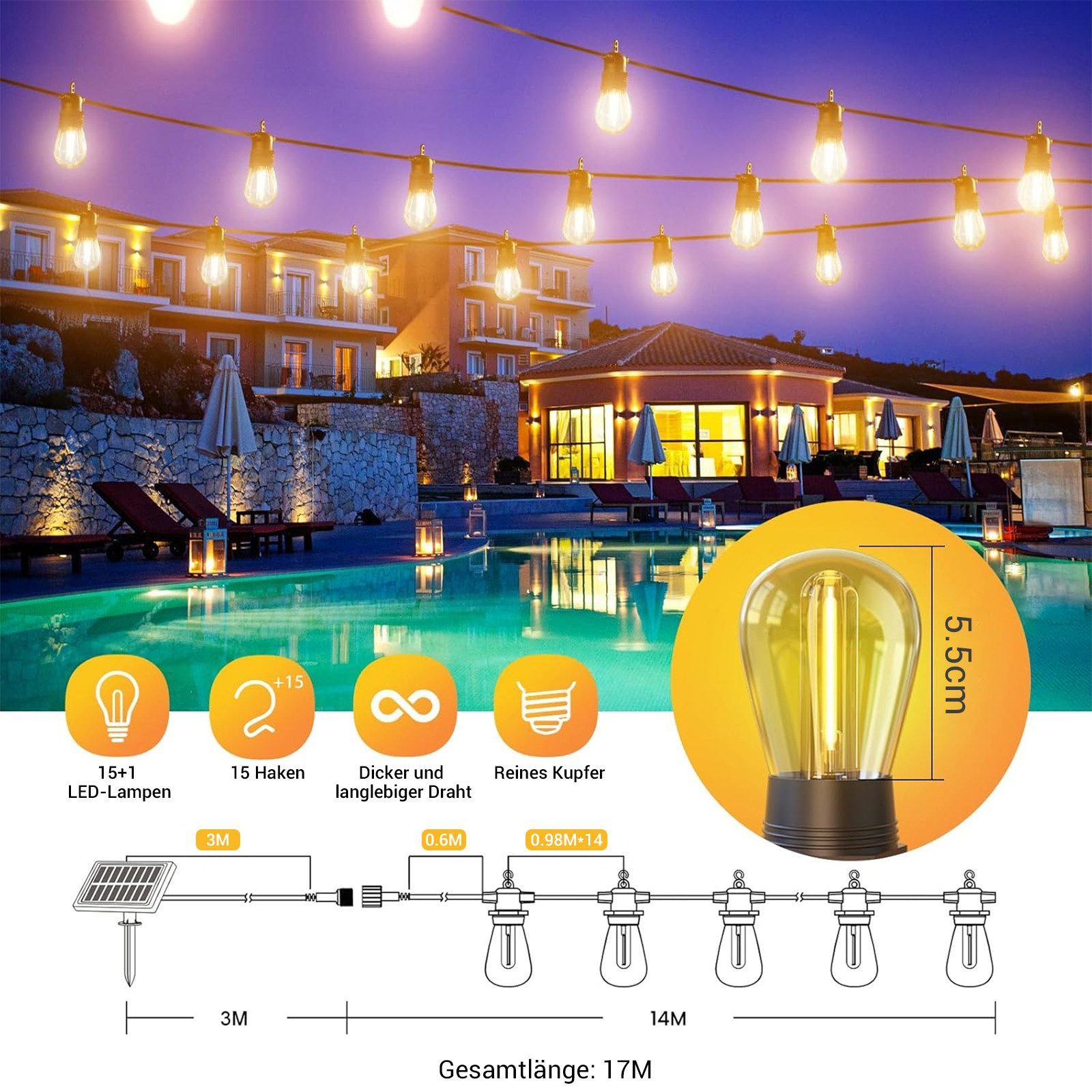 Quntis Lichterkette solarlichterkette für draußen lichterkette outdoor, IP65 Fernbedienung, Solarleuchte Lichterkette für Balkon/ Garten/ Camping, Dimmbar Timer – Bild 5 von 5
