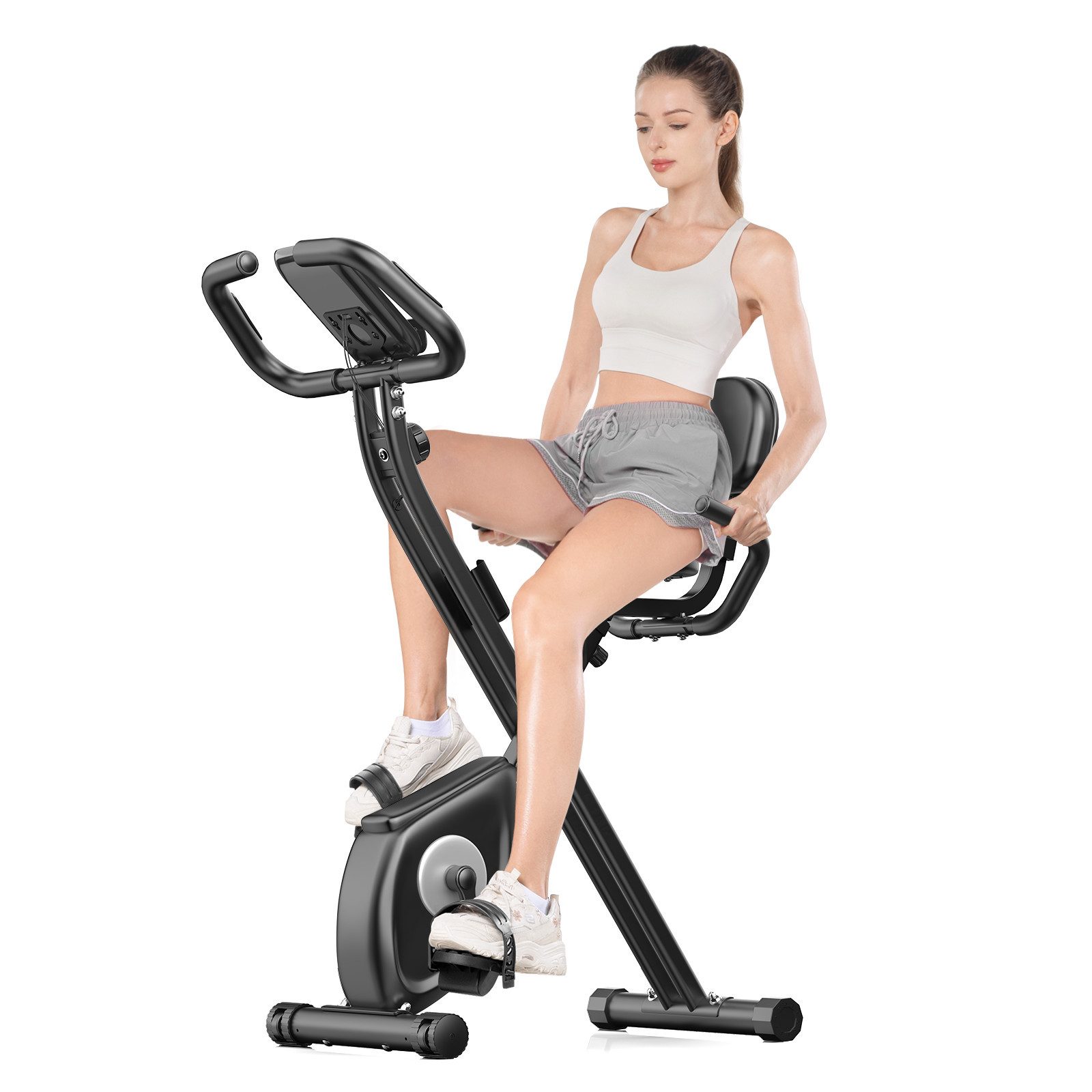Gywowken Heimtrainer Fahrrad Klappbar für Zuhause, 4-in-1 faltbarer Heimtrainer (LCD-Display, Handpulssensoren, Integrierte Transporträder), mit 8 Stufen verstellbarem Magnetwiderstand, klappbarer Heimtrainer