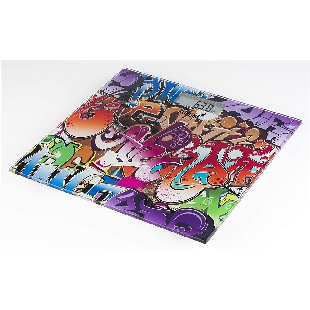 KORONA Personenwaage TONI Grafitti Design 73580, bis 180 kg digitale Waage, Glas, flach, großes LCD Display, mehrfarbig