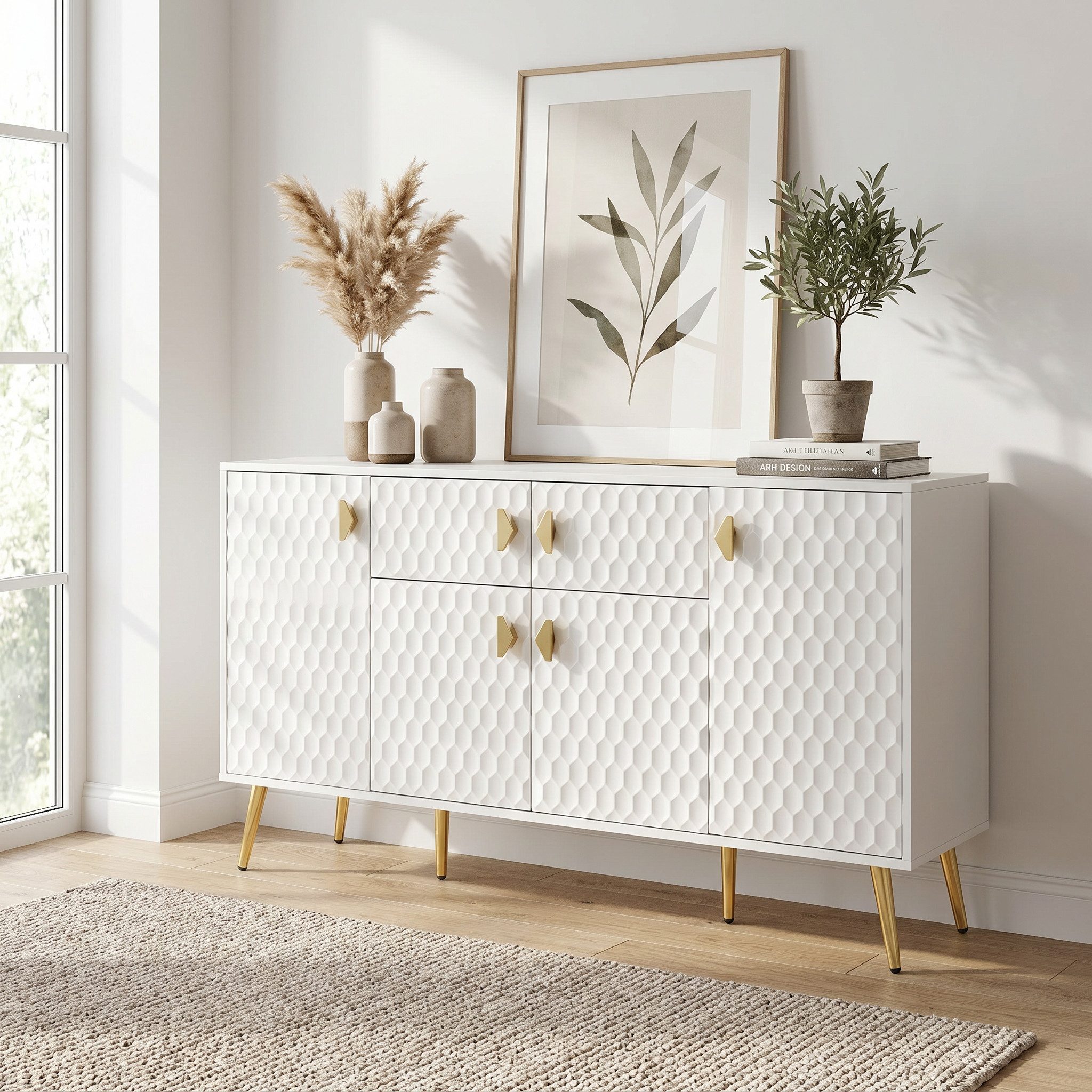 FUFU&GAGA Sideboard Sideboard 160cm Weiß, 3D Waben Design Anrichte Wohnzimmer