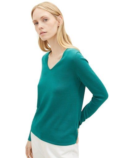 green TOM TAILOR angenehmem Feinstrick ever V-Ausschnitt-Pullover aus