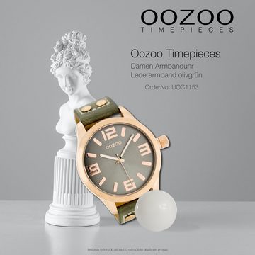 OOZOO Quarzuhr Oozoo Damen Armbanduhr olivgrün, Damenuhr rund, extra groß (ca. 46mm) Lederarmband, Fashion-Style