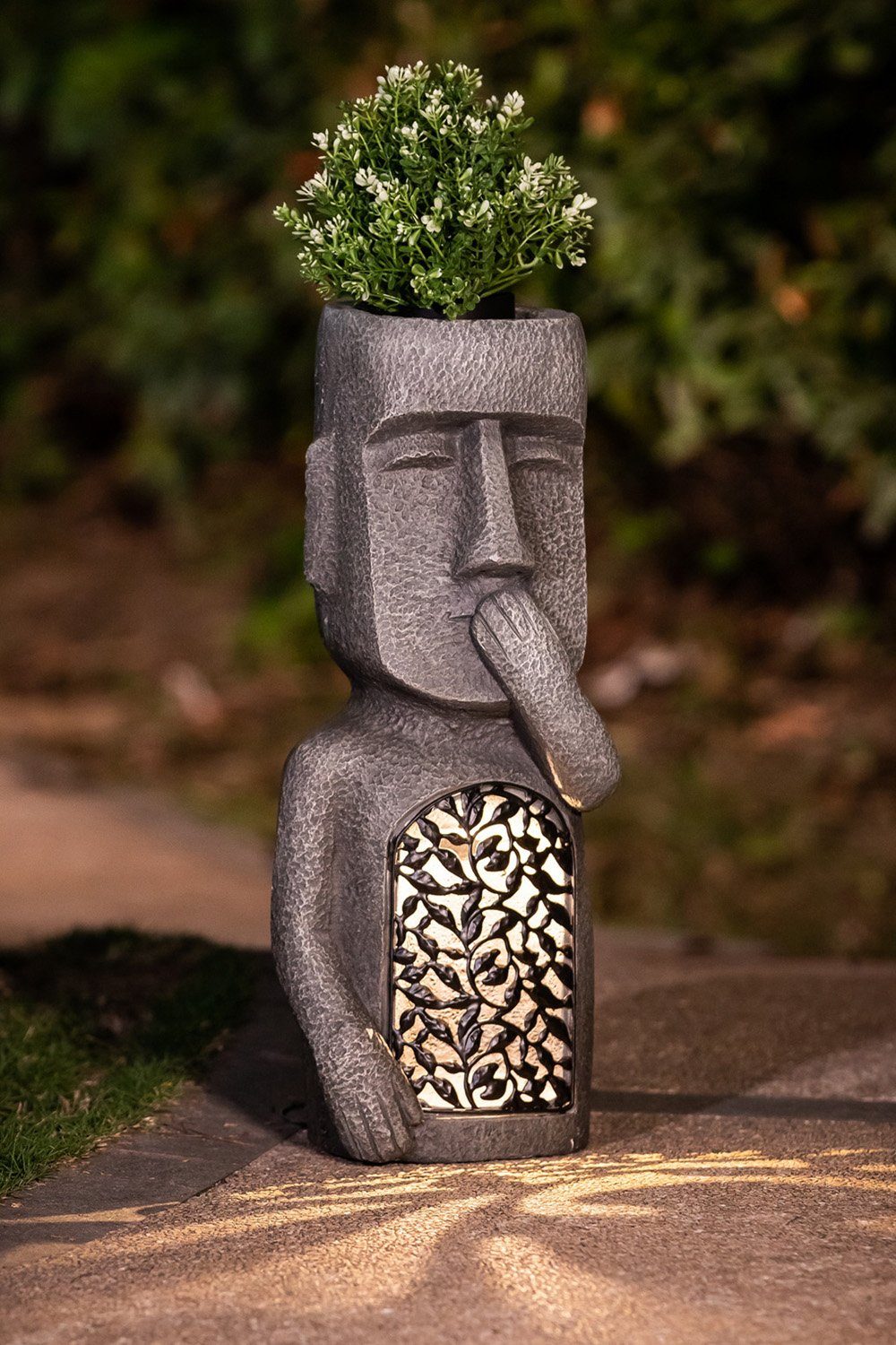 Solarlampe, bepflanzbar Figur Gartendeko, LED bepflanzbar, cm 22x18x52 Deko Solarleuchte integriert, warmweiß, Arnusa LED Moai fest Gartenfigur