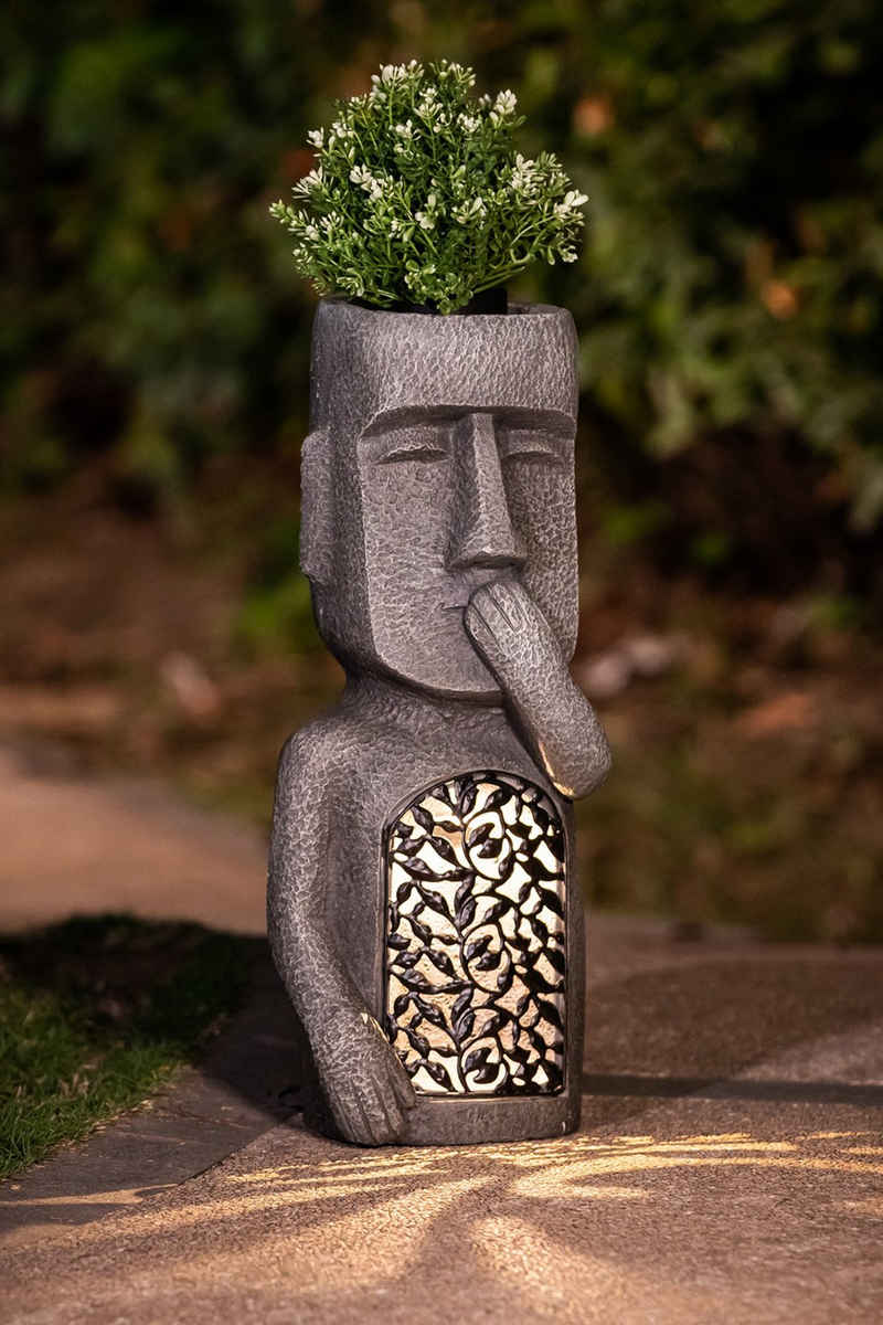 Arnusa LED Solarleuchte Gartenfigur Moai bepflanzbar Deko Figur Gartendeko, bepflanzbar, LED fest integriert, warmweiß, Solarlampe, 22x18x52 cm