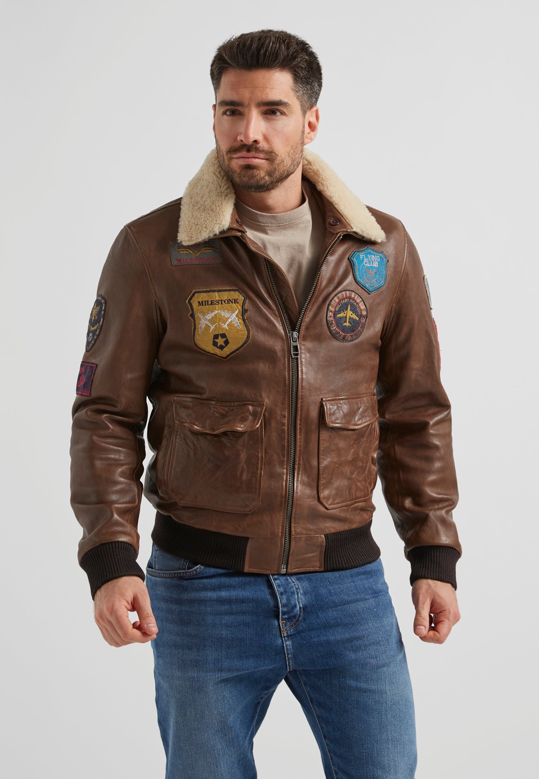 MILESTONE Lederjacke MSMatti Herren Fliegerjacke mit abnehmbarem Fellkragen – Bild 5 von 5