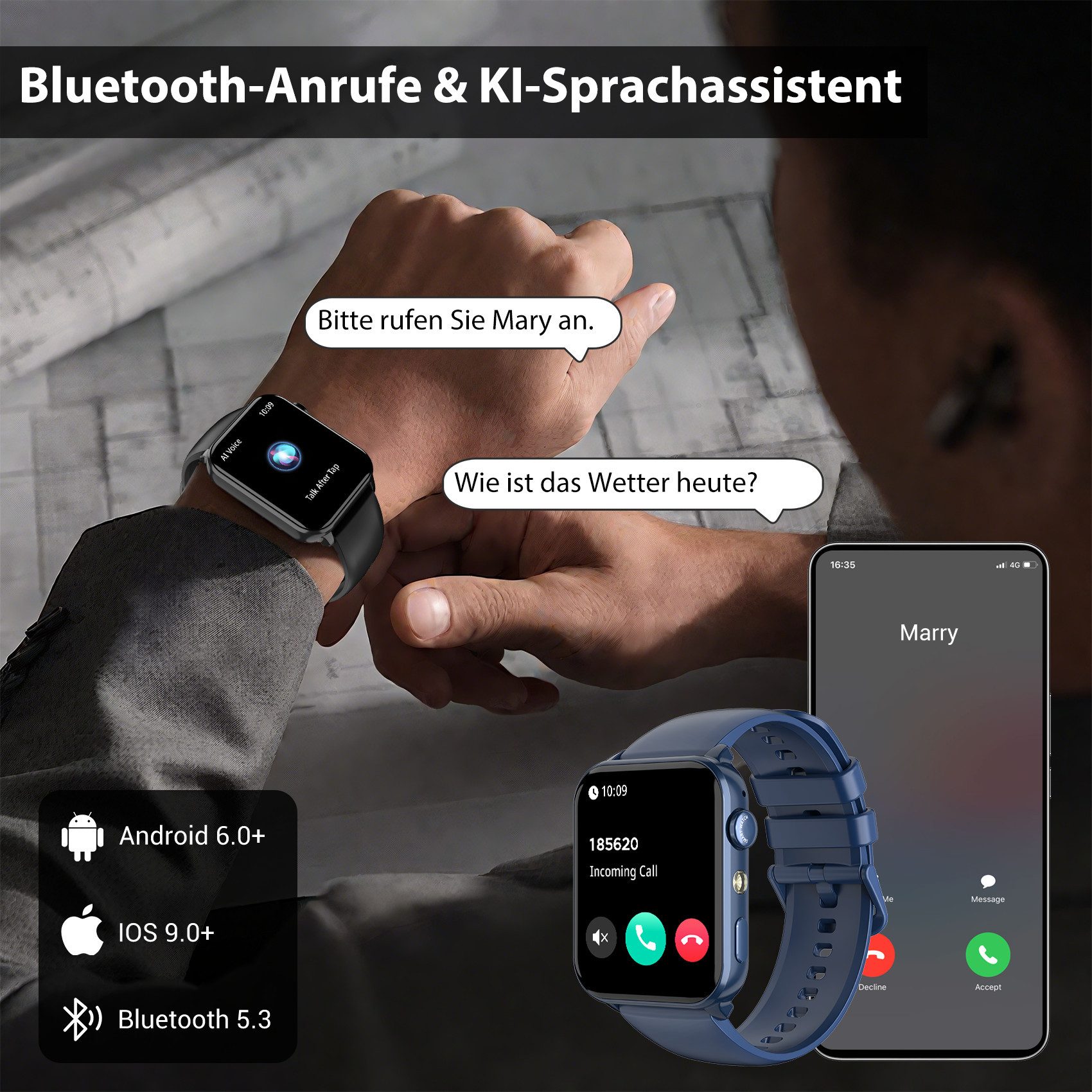 blackview Smartwatch Herren Damen, LED-Leuchte, 350mAh (6 Tage), 2 Armbänder Smartwatch (1.91 Zoll, iOS/Android), mit Wechselband aus weichemSilikon und Ladekabel, Antwort & Anruf tätigen,Herzfrequenz,Schlafmonitor,SpO2,Schritten,IP68