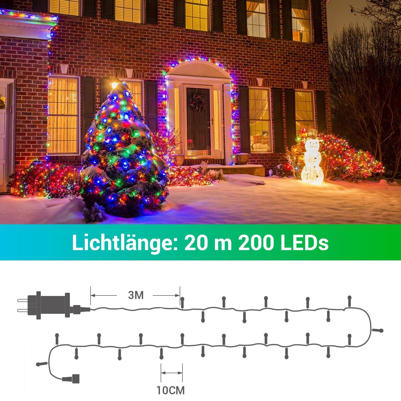 Elegear Lichterkette mit Lichtervorhang, LED Dimmbar Lichterkette Weihnachtsbeleuchtung Außen 4 Bun, 200-flammig, Farben 20M Fernbedienung,