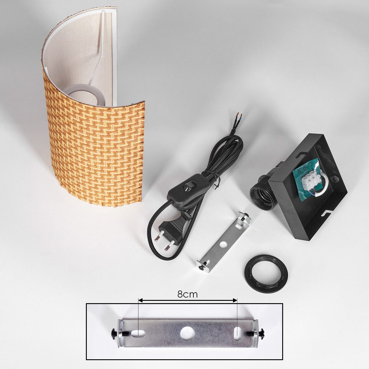 hofstein Wandleuchte Wandlampe aus Metall/Bast in Schwarz/Natur, ohne Leuchtmittel, Wandleuchte m. Stecker/Schalter, Kabel, UP & Down Lichteffekt, 1 x E27