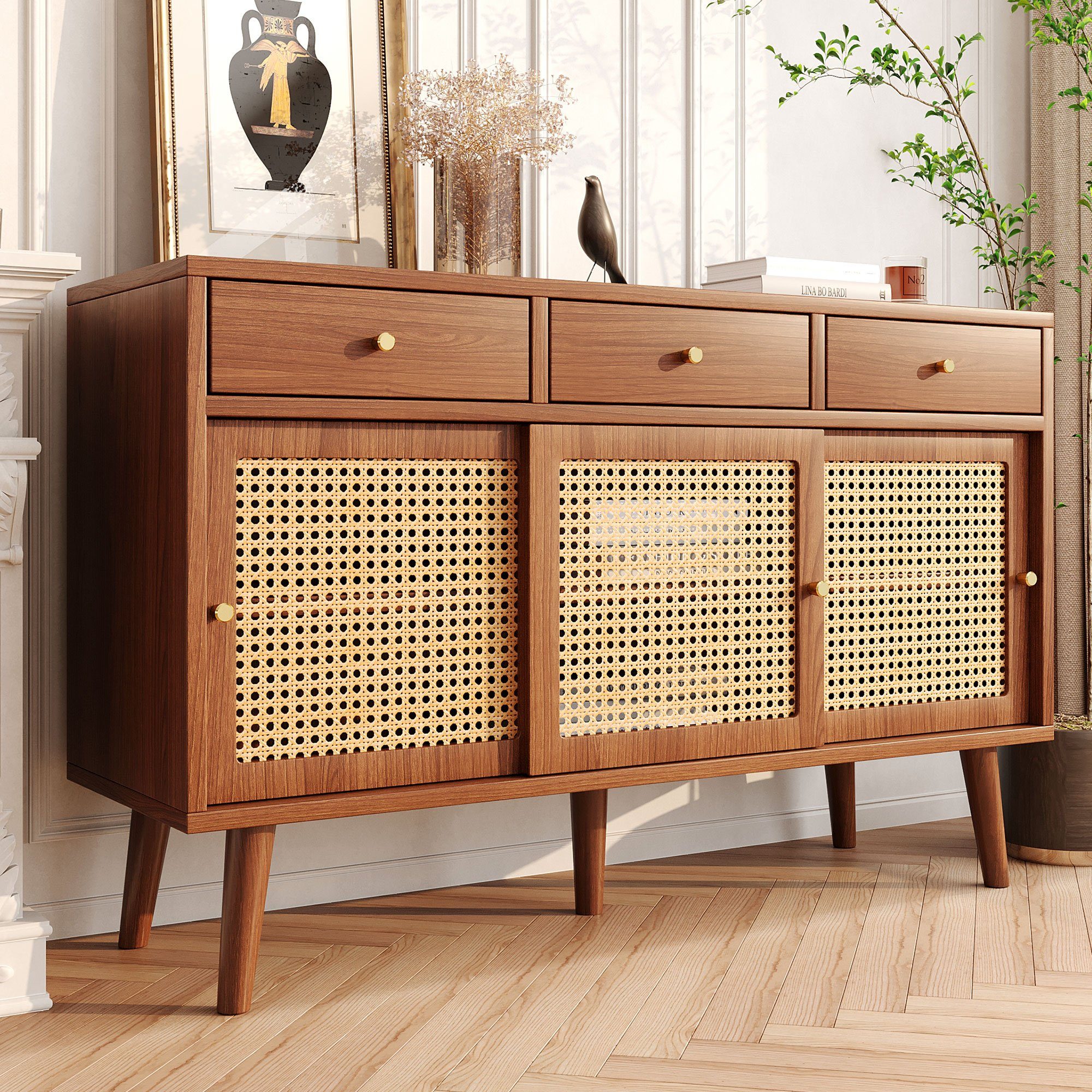 Flieks Kommode mit 3 Schubladen und Schiebetüren aus Rattangeflech (mit verstellbaren Einlegeböden, 1 St., 120x40x78 cm), Mehrzweckschrank Sideboard Walnussholzfarbe, Massivholzbeine