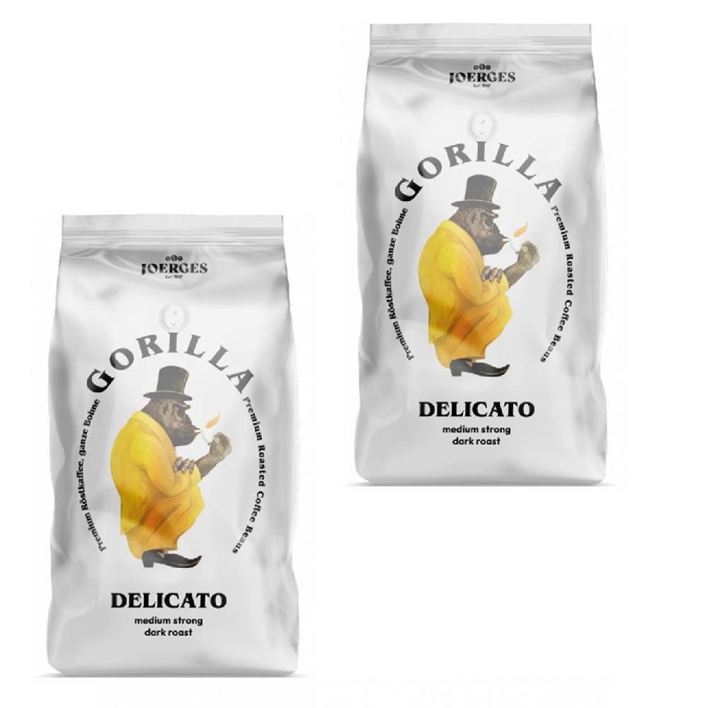 Gorilla Kaffee Joerges Espresso Delicato ganze Kaffeebohnen, 2 x 1000 g, 40% Arabica- und 60% Robusta-Bohnen