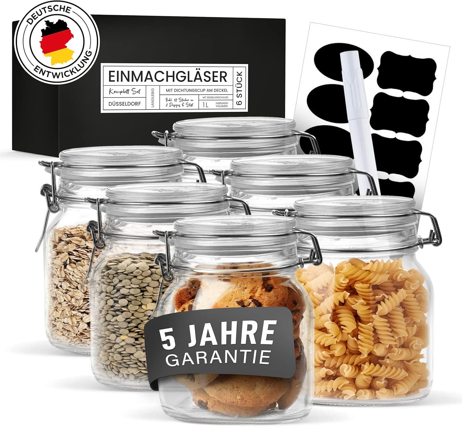 Liebthal Einmachglas 6er Set - Vorratsglas mit Bügelverschluss, luftdicht, eckig, spülmaschinengeeignet, 1 L, Stift & Sticker