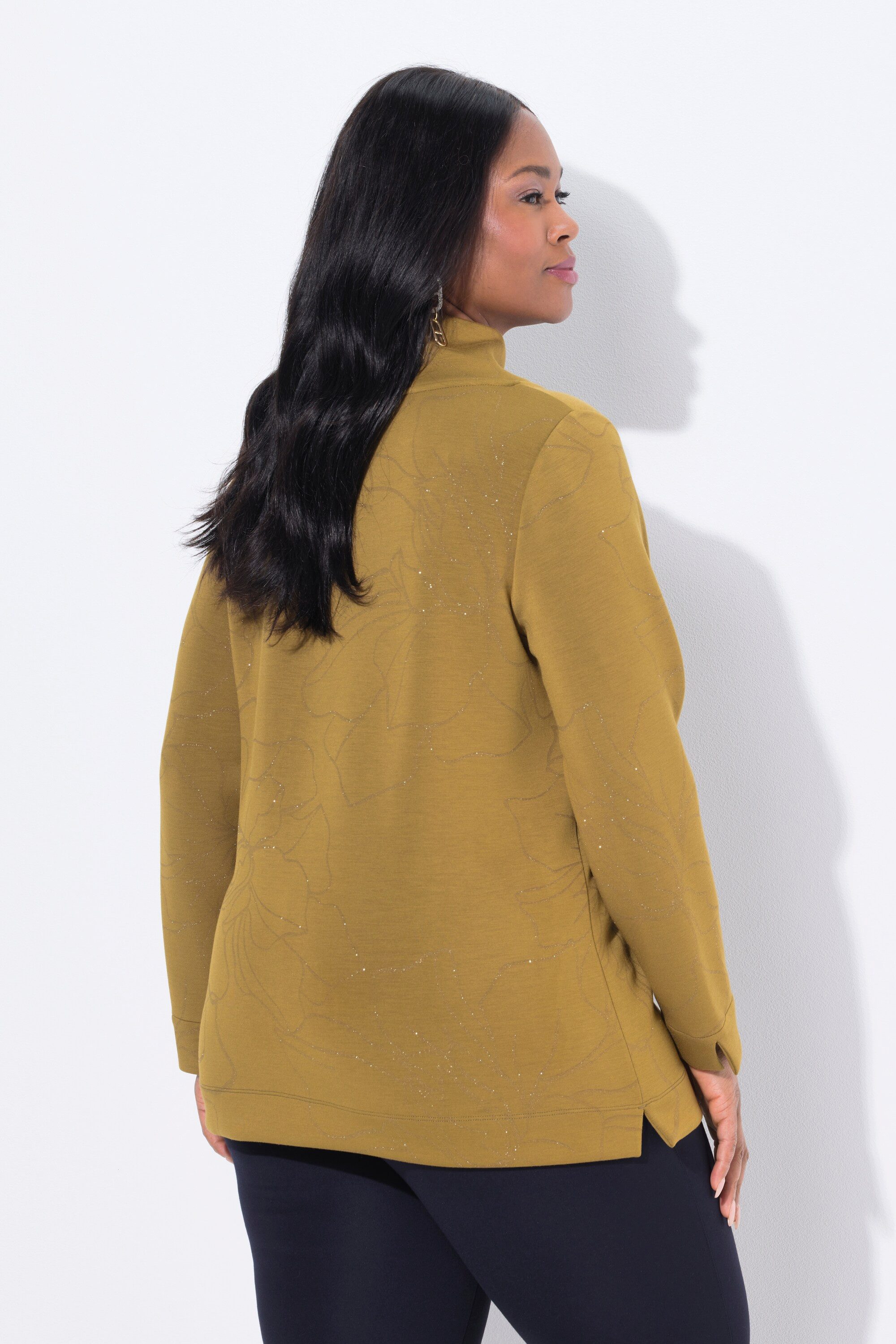 Ulla Popken Sweatshirt Sweatshirt Glitzer-Blüten Stehkragen Modalmix