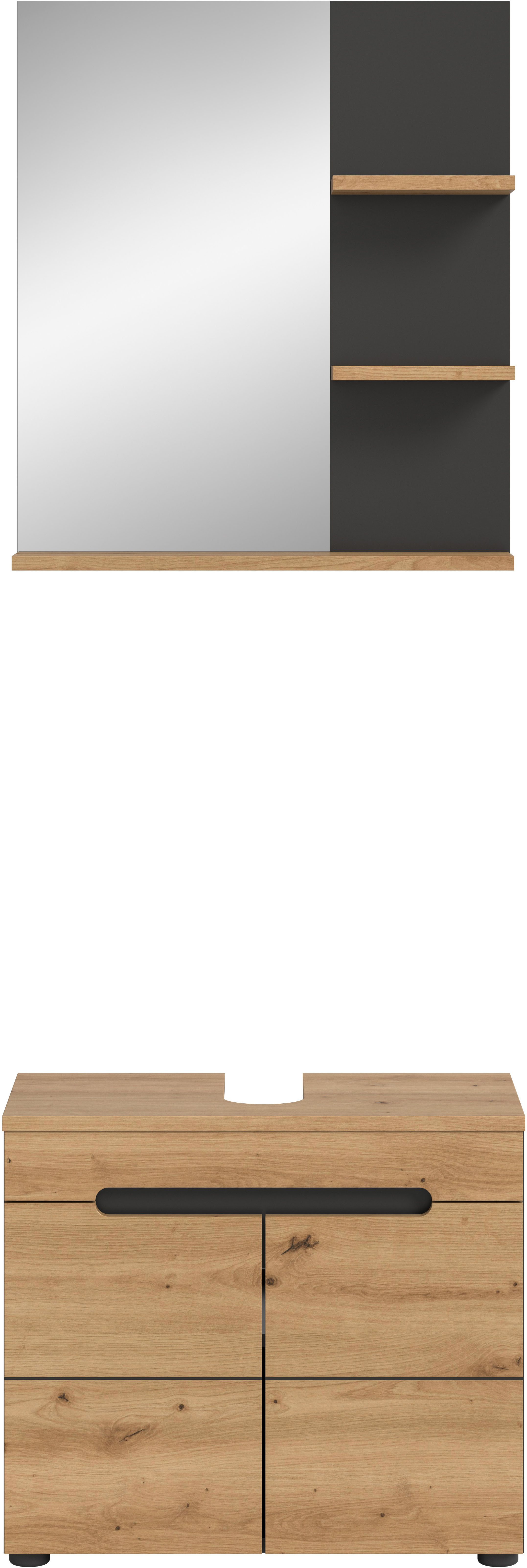 welltime Badmöbel-Set REHAT, 2-teilig, Breite 63 cm, mit grifflosen Fronten, bestehend aus:, (2-St), 1x Waschbeckenunterschrank & 1x Spiegelschrank