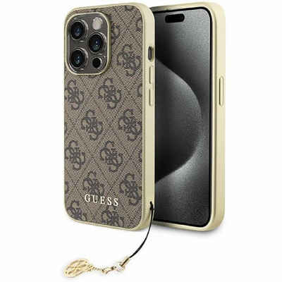 Guess Handyhülle Case iPhone 15 Pro Kunstleder braun mit Kette goldfarbig 6,1 Zoll, Kantenschutz