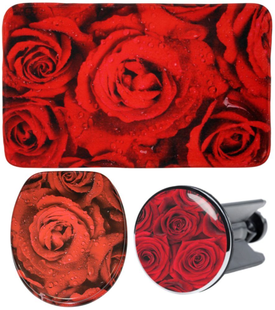 Sanilo Badaccessoire-Set 3-teilig Rosen, WC-Sitz mit Absenkautomatik, Badteppich 70 x 110 cm, Waschbeckenstöpsel, 3 tlg., hochwertig & modern, universell, leichte Montage