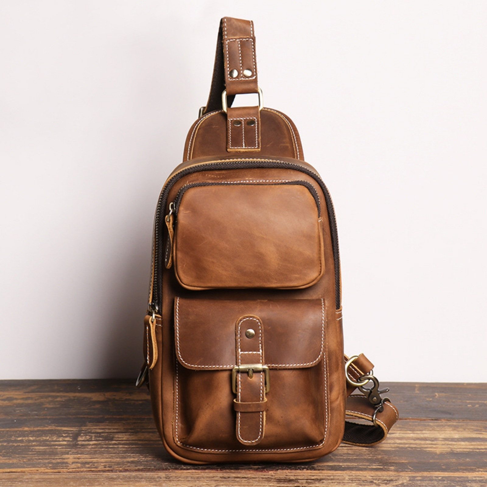Messenger Bag Herren Leder Brusttasche Sling Rucksack Verstellbarer Schultergurt