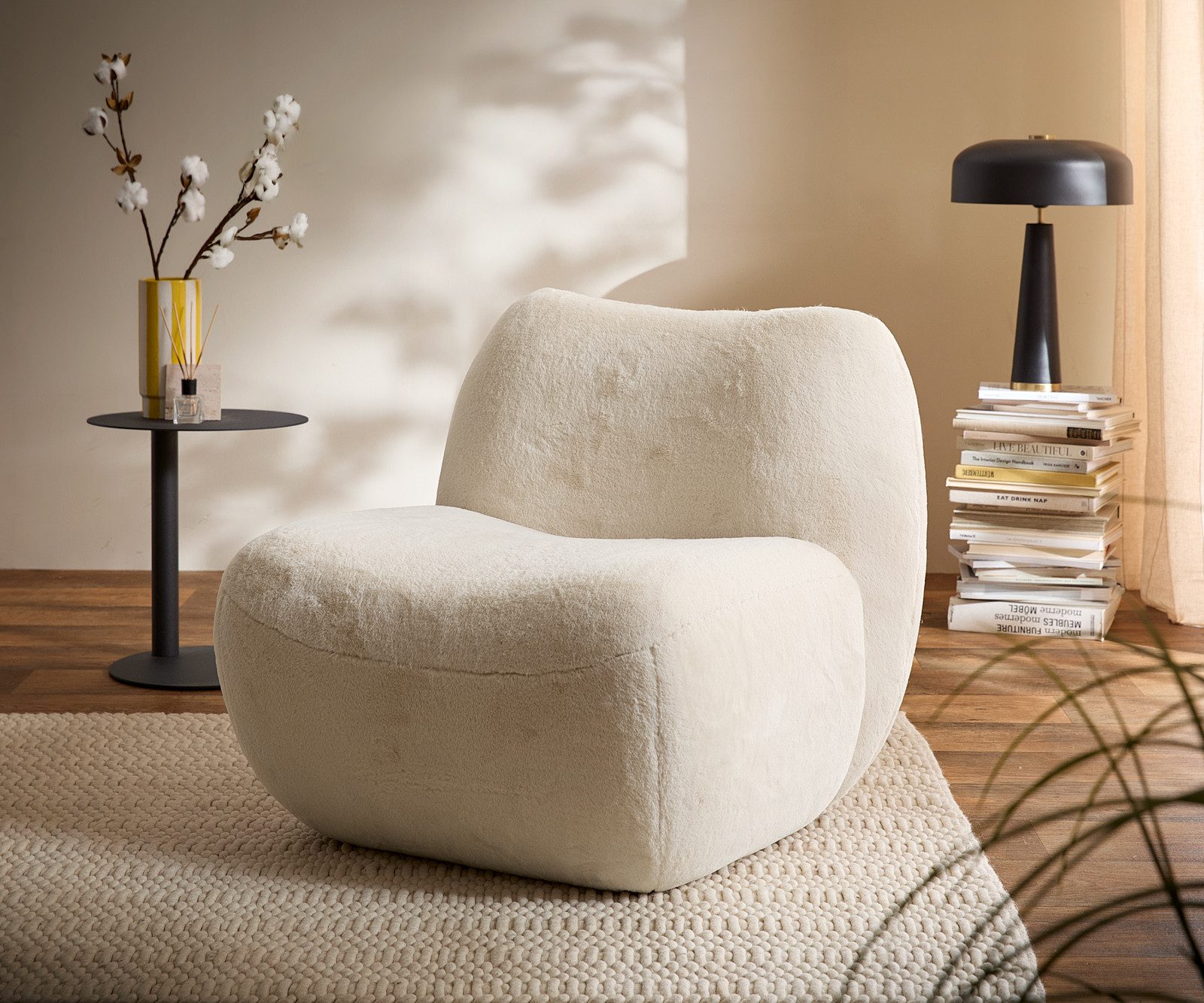 DELIFE Cocktailsessel Zena, Plüsch Creme-Weiß 75x85 cm Loungesessel