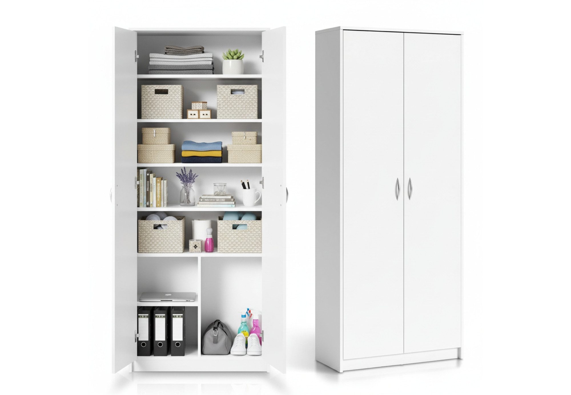 Home Collective Mehrzweckschrank Kleiderschrank Regal 74cm breit 180cm hoch Aktenschrank (Schrank Organizer aus Holz für Schlafzimmer Flur Keller Büro) mit sechs Einlegeböden und Extra-Fach, Haushaltsschrank in weiß