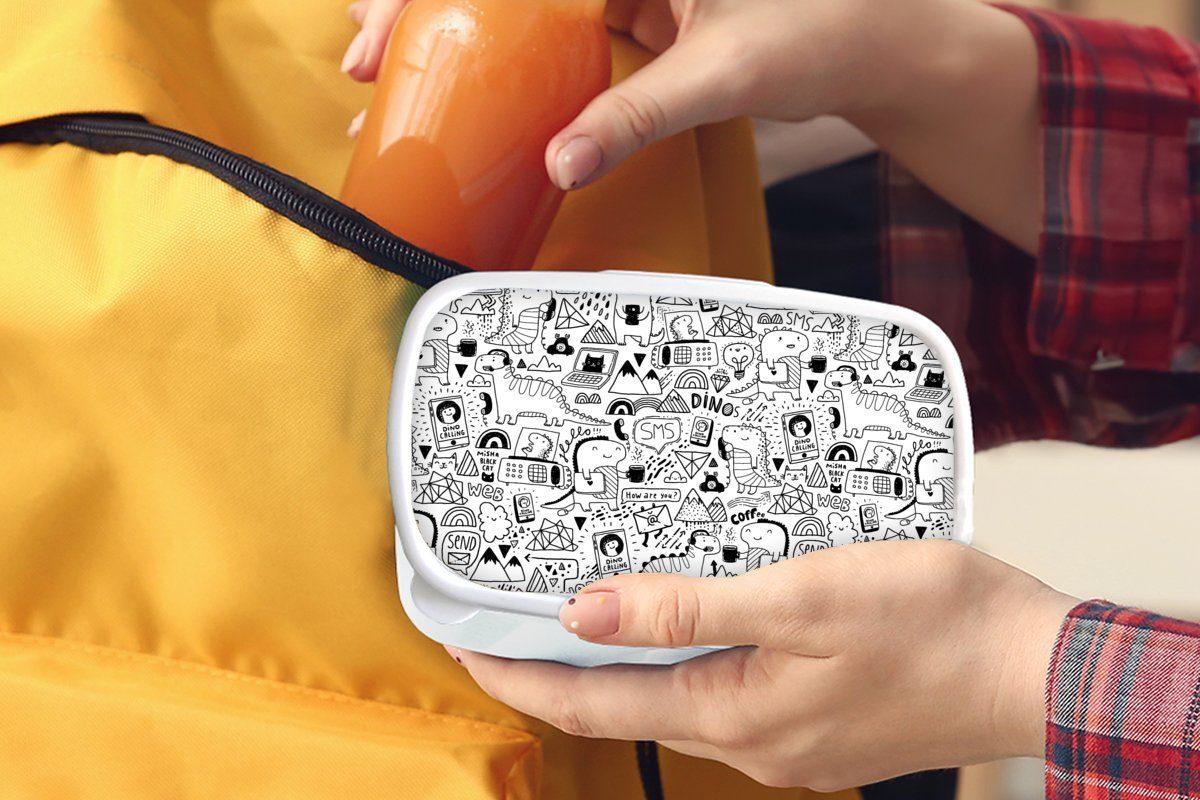 Kunststoff, (2-tlg), Lunchbox weiß Mädchen Muster und Brotdose, Telefon, für - Erwachsene, Jungs Dinosaurier MuchoWow Brotbox für - Kinder und