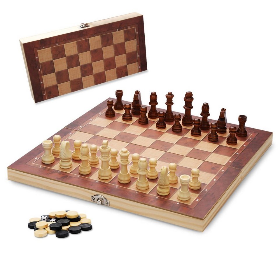 Gimisgu Spiel, Schachspiel aus Holz Schach 29*29CM 3 in1 Schach-Set Figuren inkl.