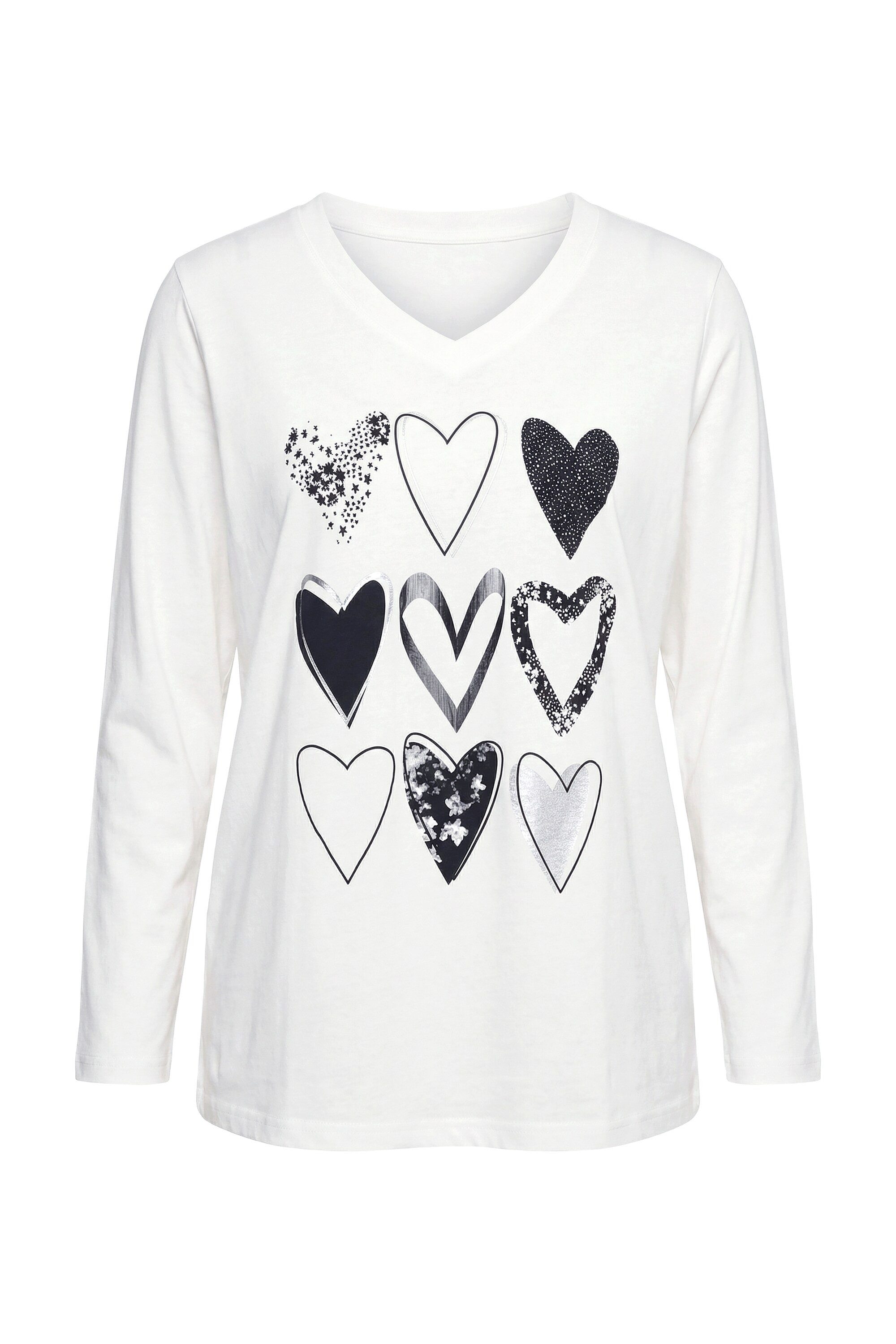 Ulla Popken Longshirt Langarmshirt Herzmotiv V-Ausschnitt Langarm