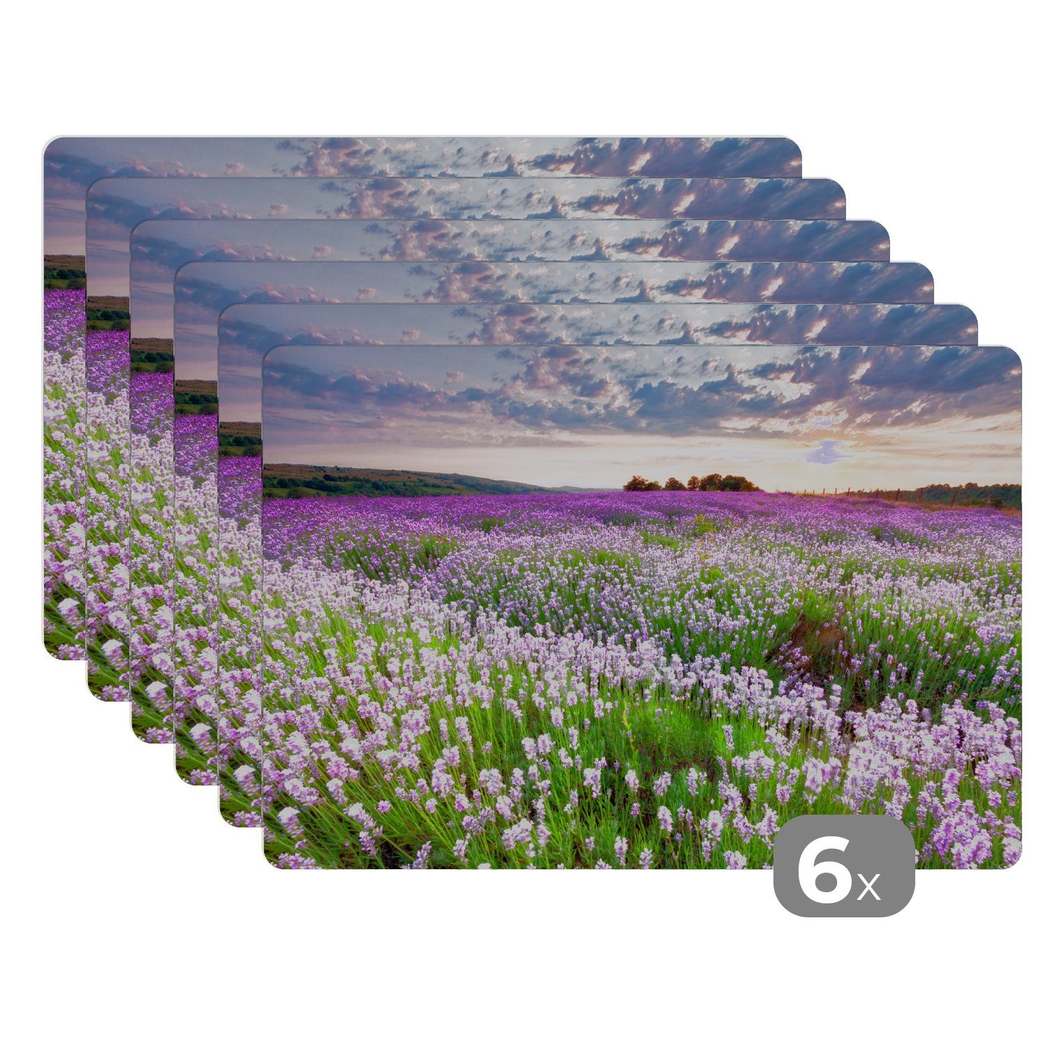 MuchoWow Platzset Blumen - Lavendel - Lila - Himmel - Sonnenuntergang - Wiese - Natur, (6-St), Platzsets, Tischset, Abwaschbar, Tischsets, Platzdeckchen
