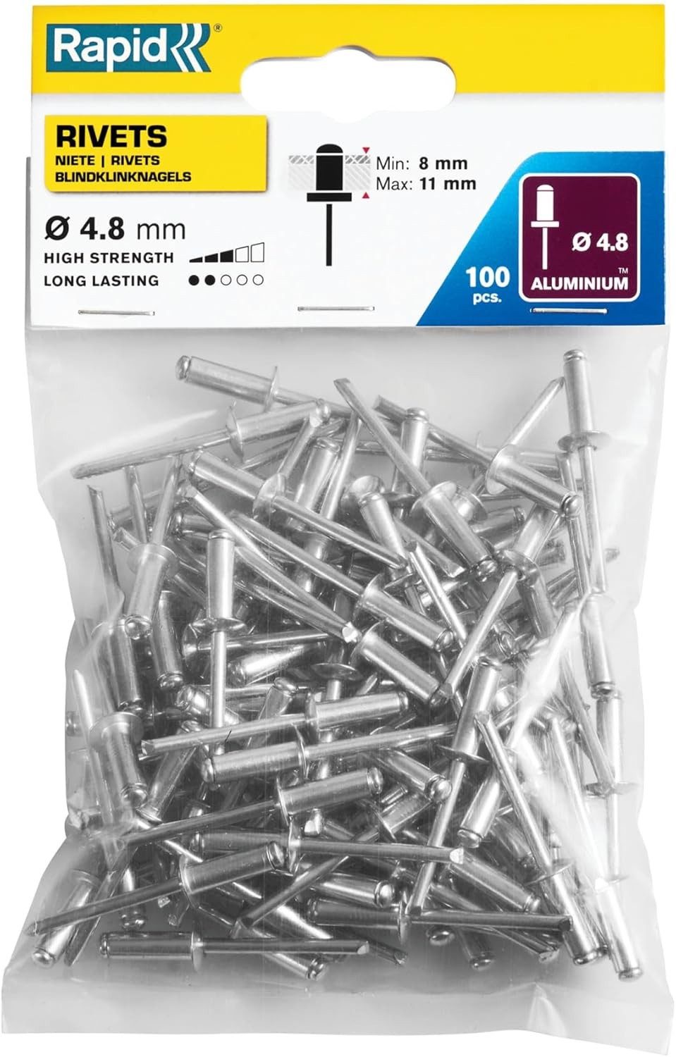 Rapid Niete Rapid Blindnieten Aluminium Ø 4,8 mm 8 bis 11 mm 100 Stück, Standard 8mm 11mm Klemmbereich Stk Nieten