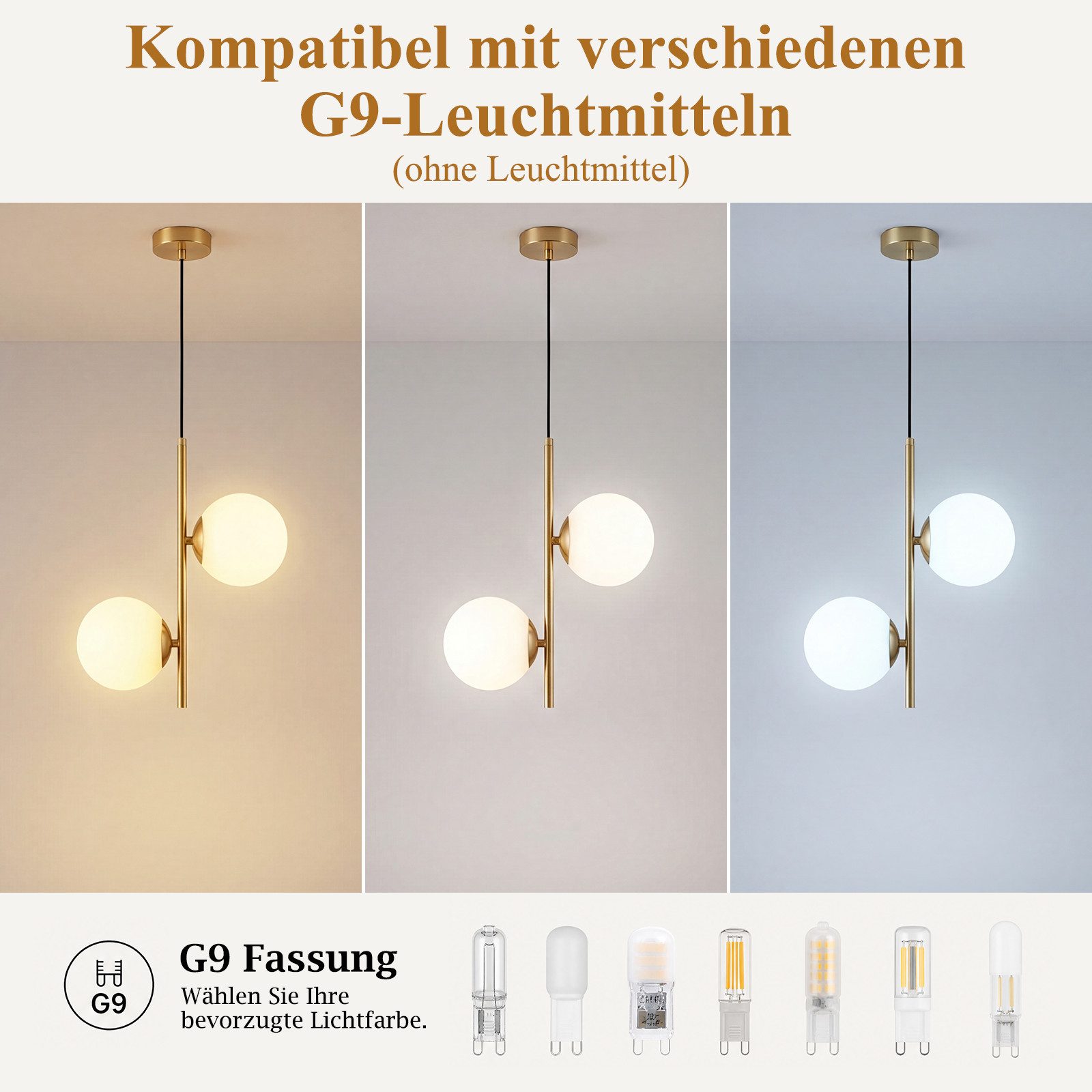 Nettlife Pendelleuchte 1/2/3flammig G9 Glas gold Innenseite moderne Hängeleuchte, ohne Leuchtmittel, für Esszimmer Wohnzimmer Küche Schlafzimmer