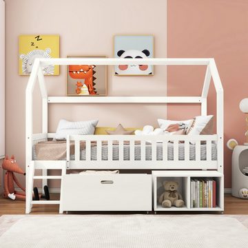 FUROKOY Hausbett Kinderbett 90x200cm mit Schubladen und Ablagefächern, (Holzbett für Schlafzimmer Kinderzimmer), Holzbett mit Hausdesign