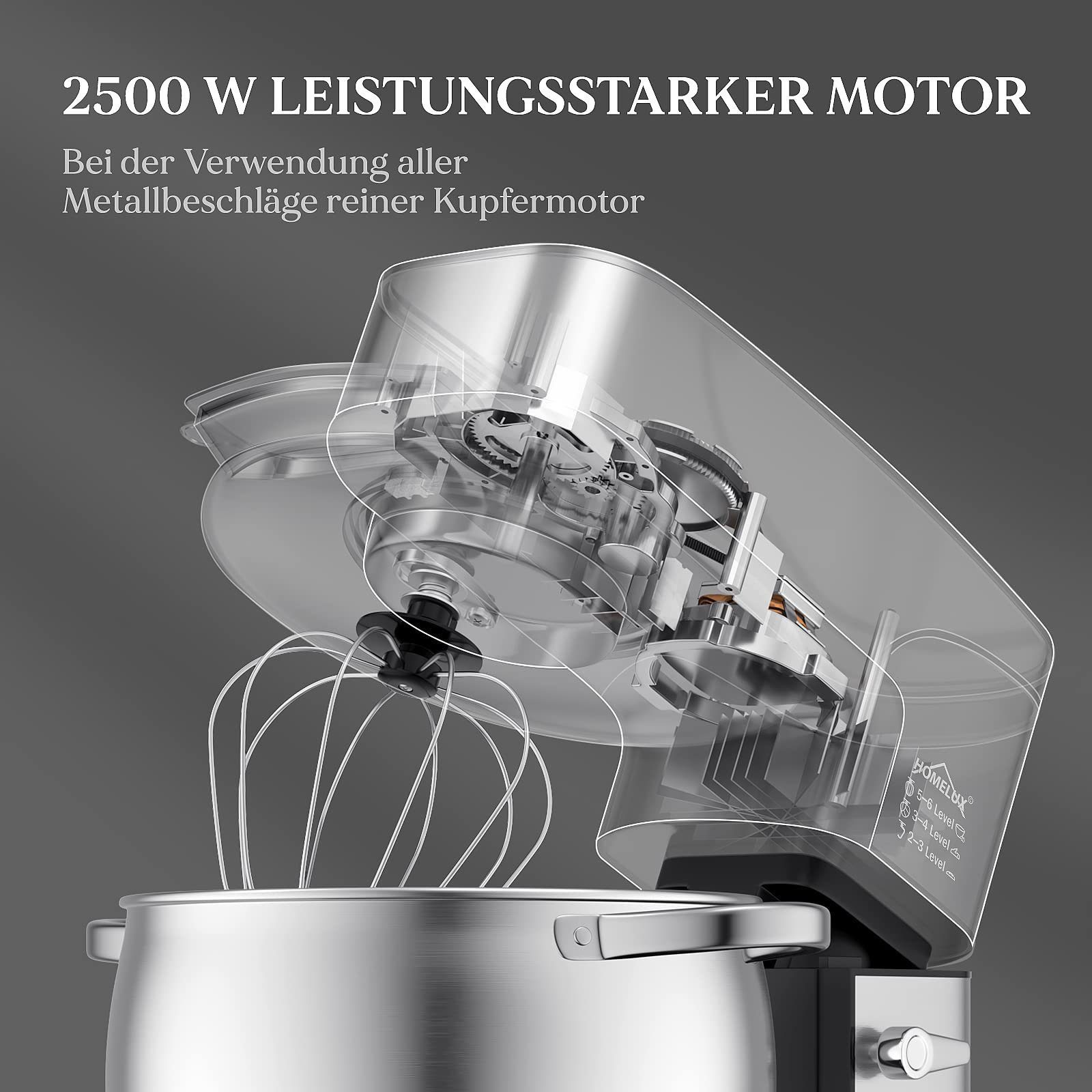 HOMELUX Küchenmaschine SC-667, 2500 W, 12 l Schüssel, inkl 3-Teiligem Patisserie-Set und Spritzschutz, mit Edelstahlschüssel